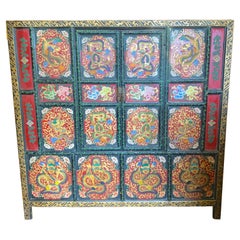 Large Tibetan Red Lacquer Altar Cabinet with Embossed Dragon Design