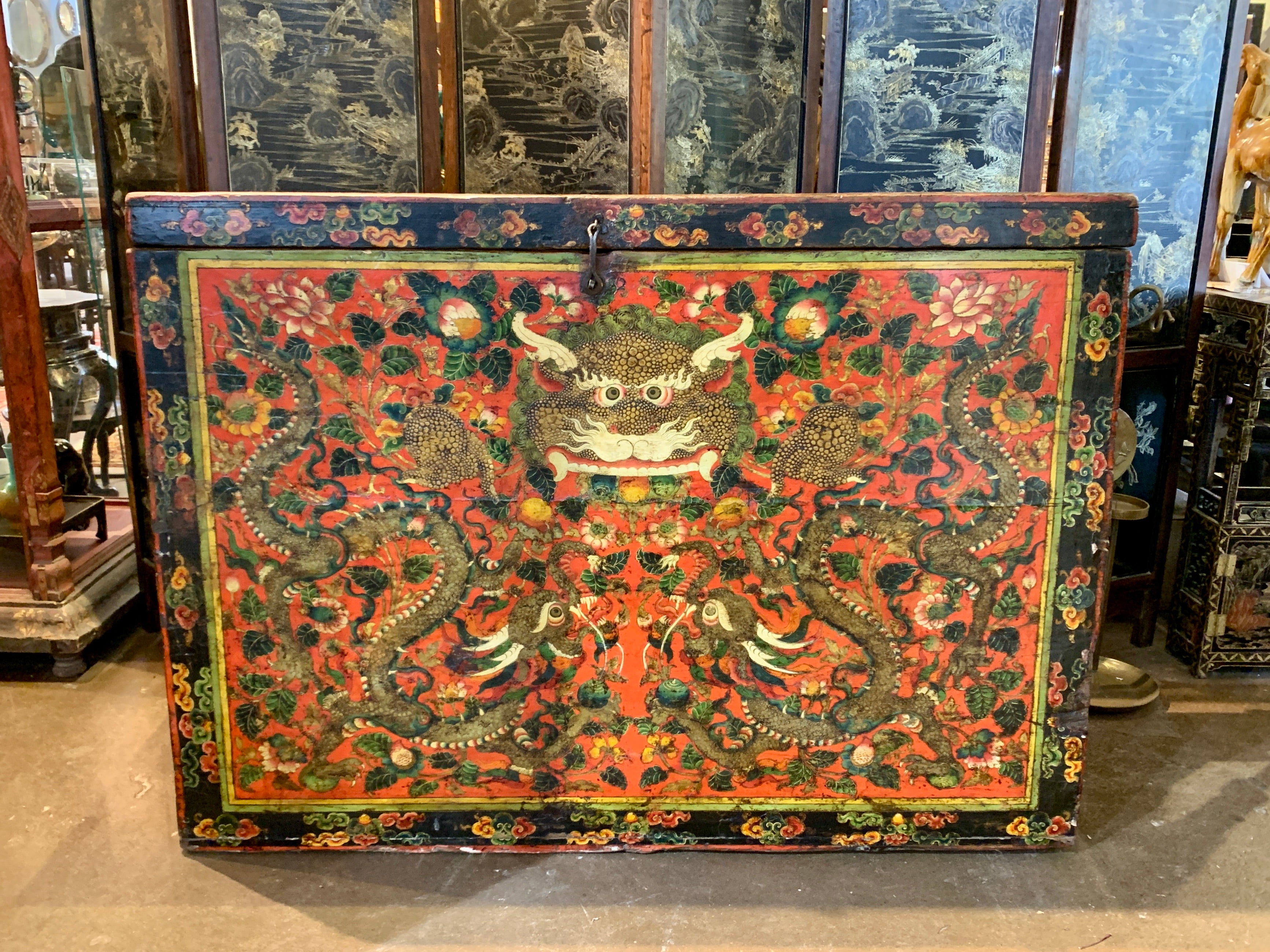 Forged Large Tibetan Red Painted Storage Trunk with Kirtimukha, circa 1900, Tibet For Sale