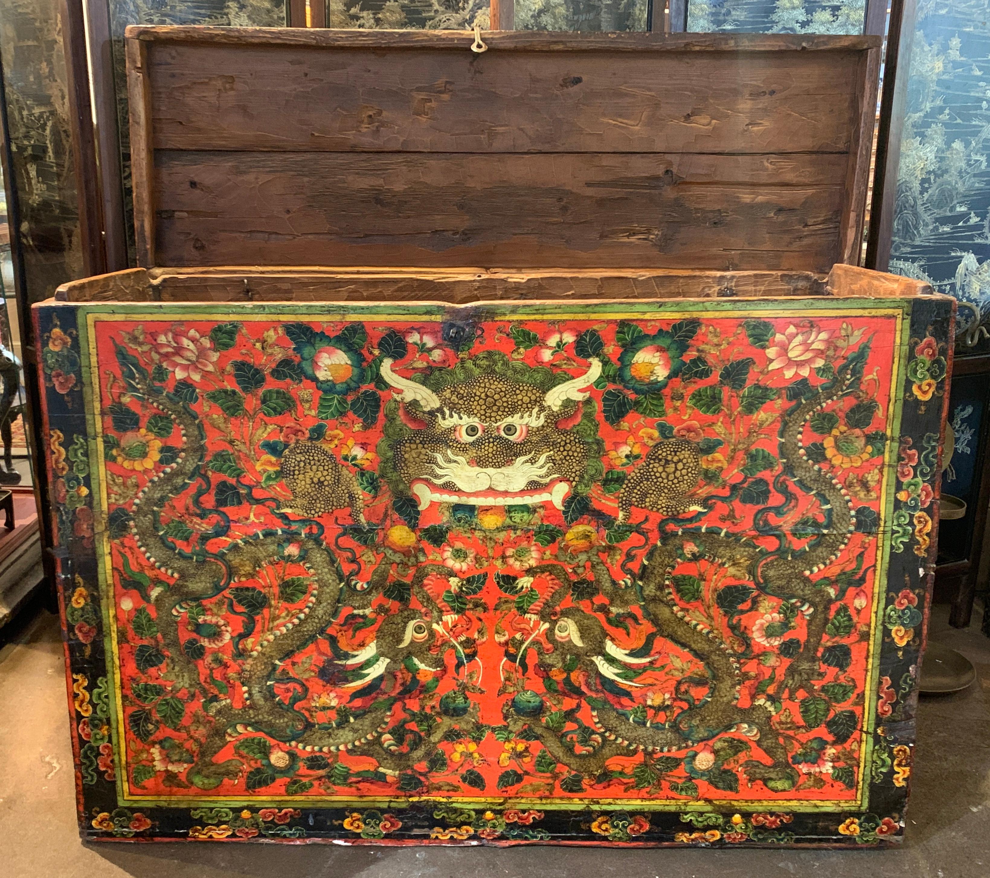 Large Tibetan Red Painted Storage Trunk with Kirtimukha, circa 1900, Tibet In Good Condition For Sale In Austin, TX