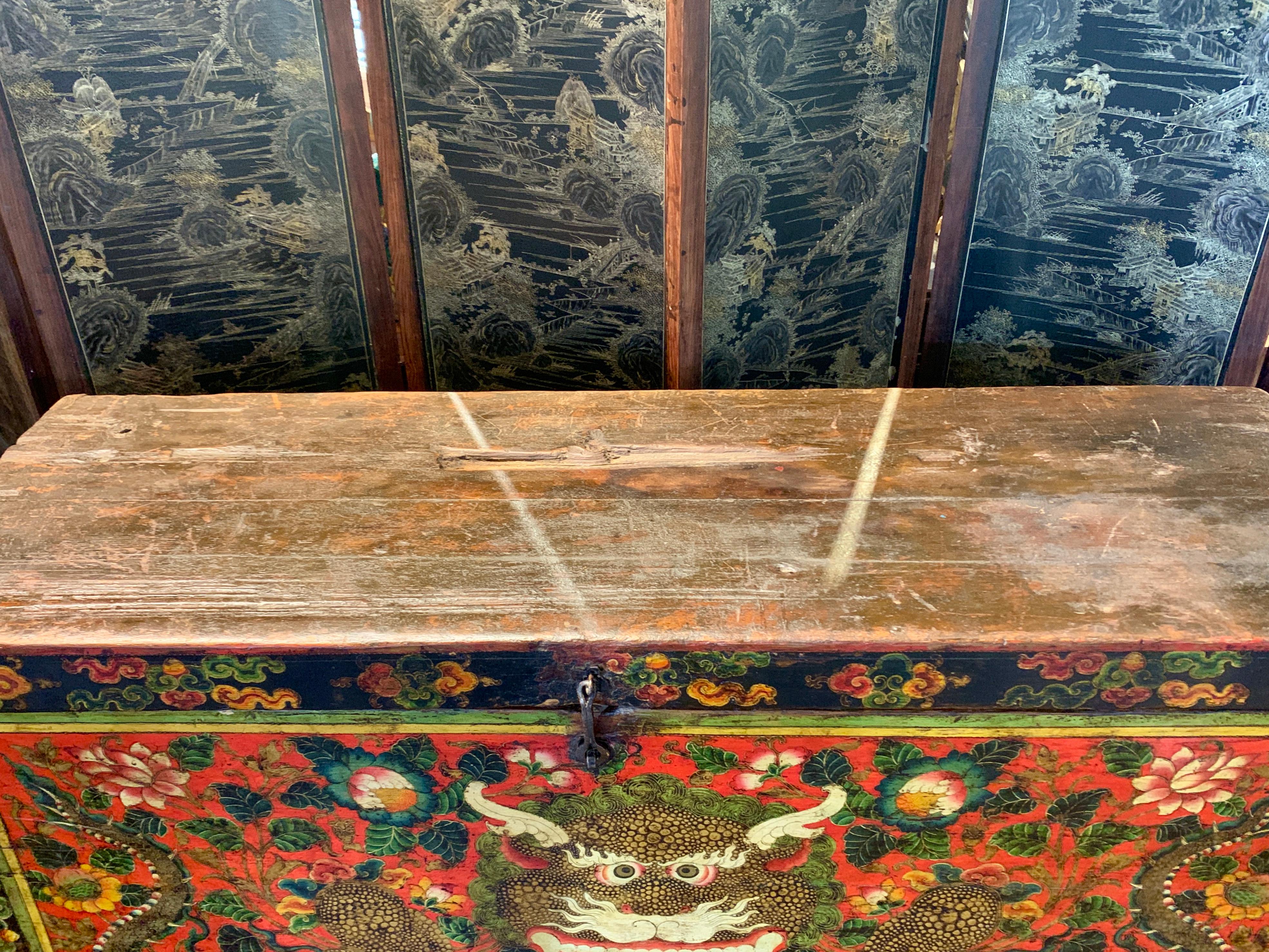 Iron Large Tibetan Red Painted Storage Trunk with Kirtimukha, circa 1900, Tibet For Sale