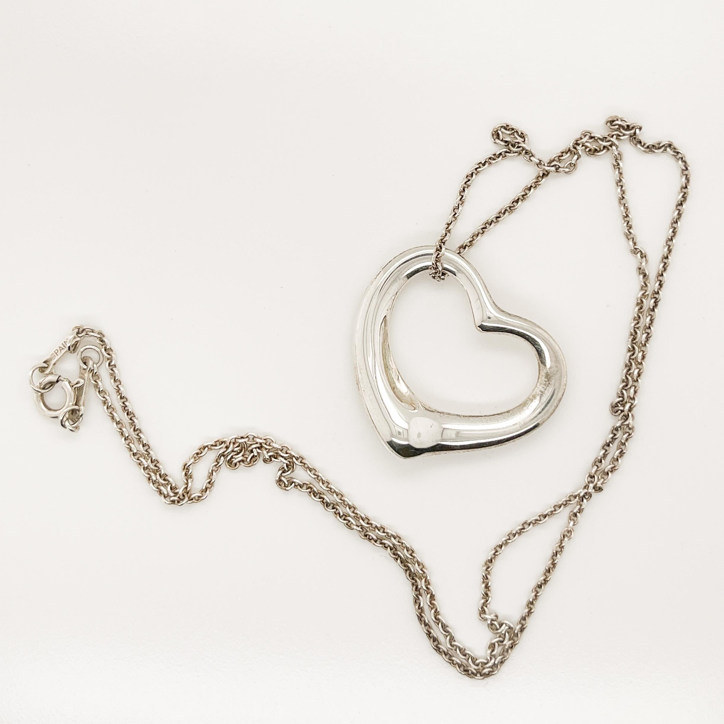Large Tiffany & Co. Elsa Peretti Sterling Silver Open Heart Pendant Necklace In Good Condition In Philadelphia, PA