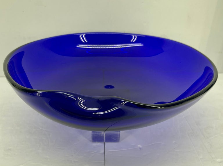 Hand-Crafted Large Tiffany Elsa Peretti Cobalt Blue Thumbprint Glass Bowl For Sale
