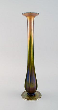 Large Tiffany Favrile Vase in Iridescent Art Glass with Silver Mounting