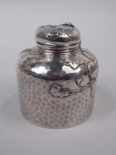 Large Tiffany Japonesque Applied Sterling Silver Inkwell with Beetle