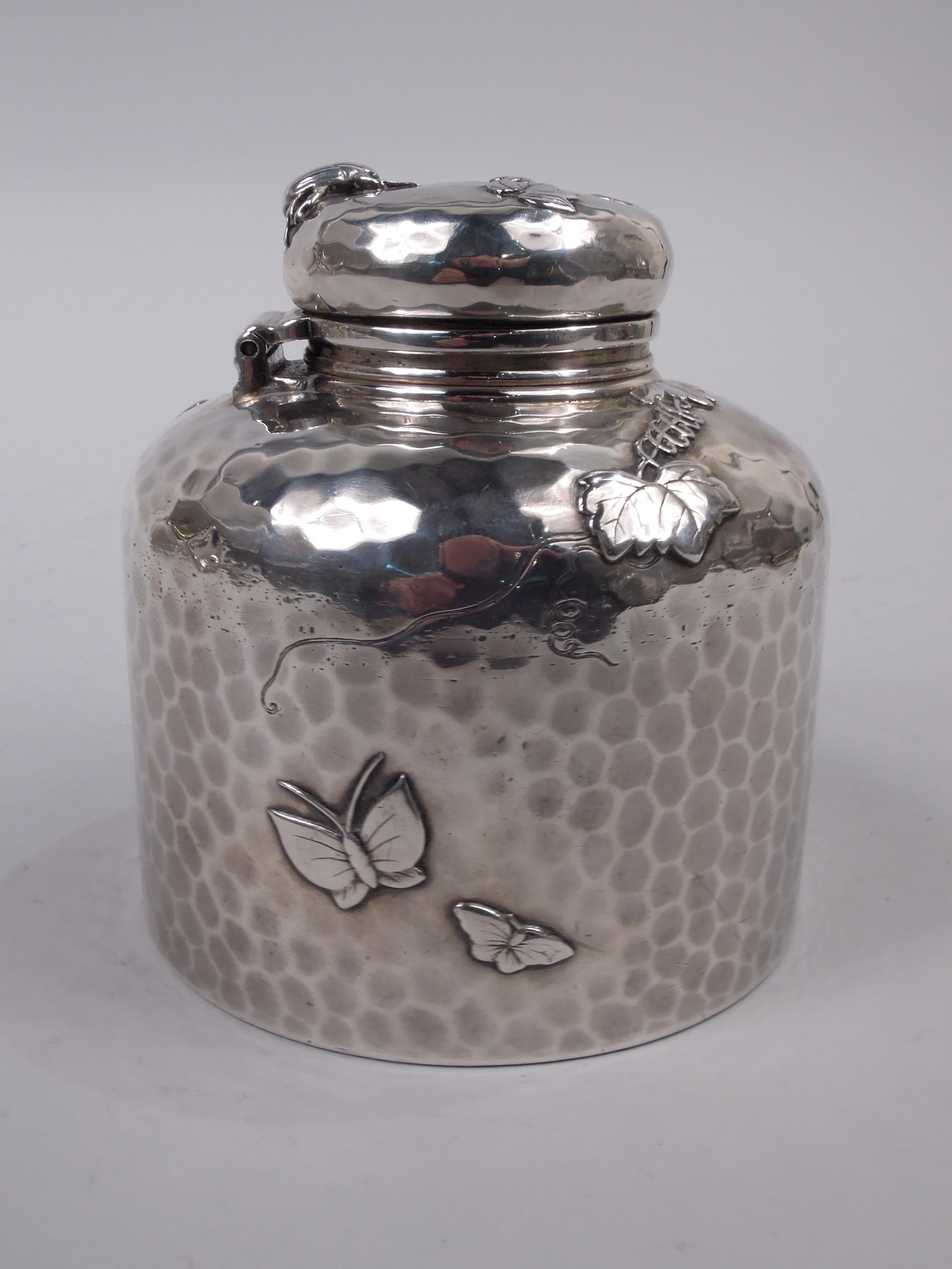Appliqué Large Tiffany Japonesque Applied Sterling Silver Inkwell with Beetle For Sale