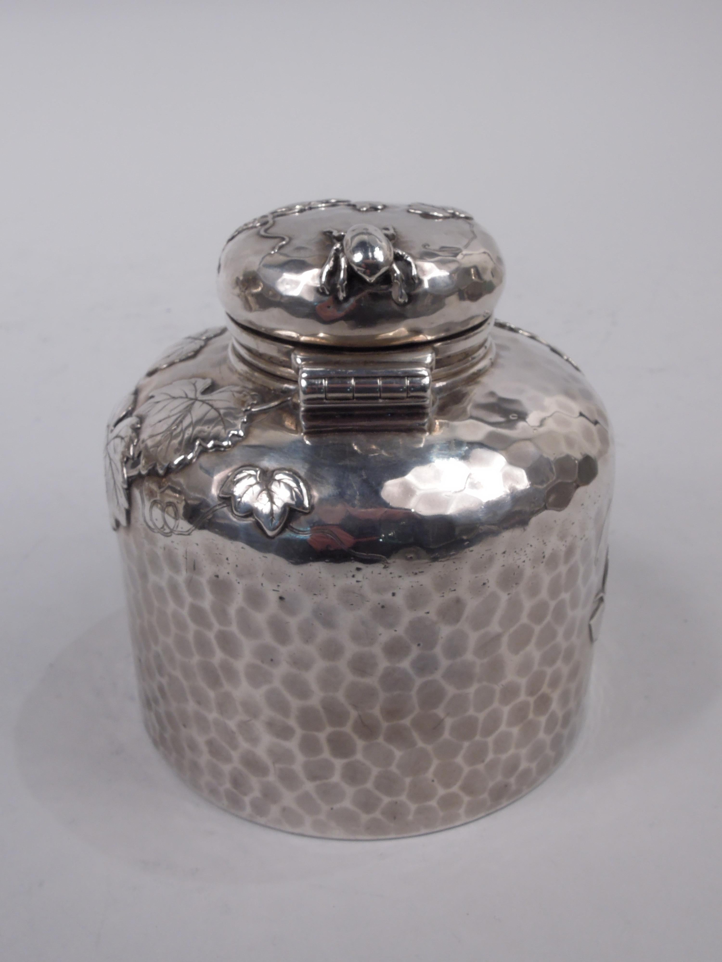 19th Century Large Tiffany Japonesque Applied Sterling Silver Inkwell with Beetle For Sale