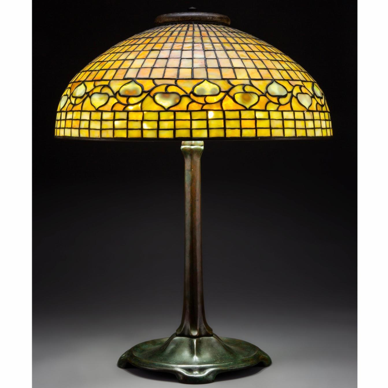 Large Tiffany Studios “Acorn” Stained Glass Bronze Table Lamp 3