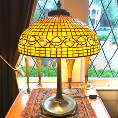 Large Tiffany Studios “Acorn” Stained Glass Bronze Table Lamp