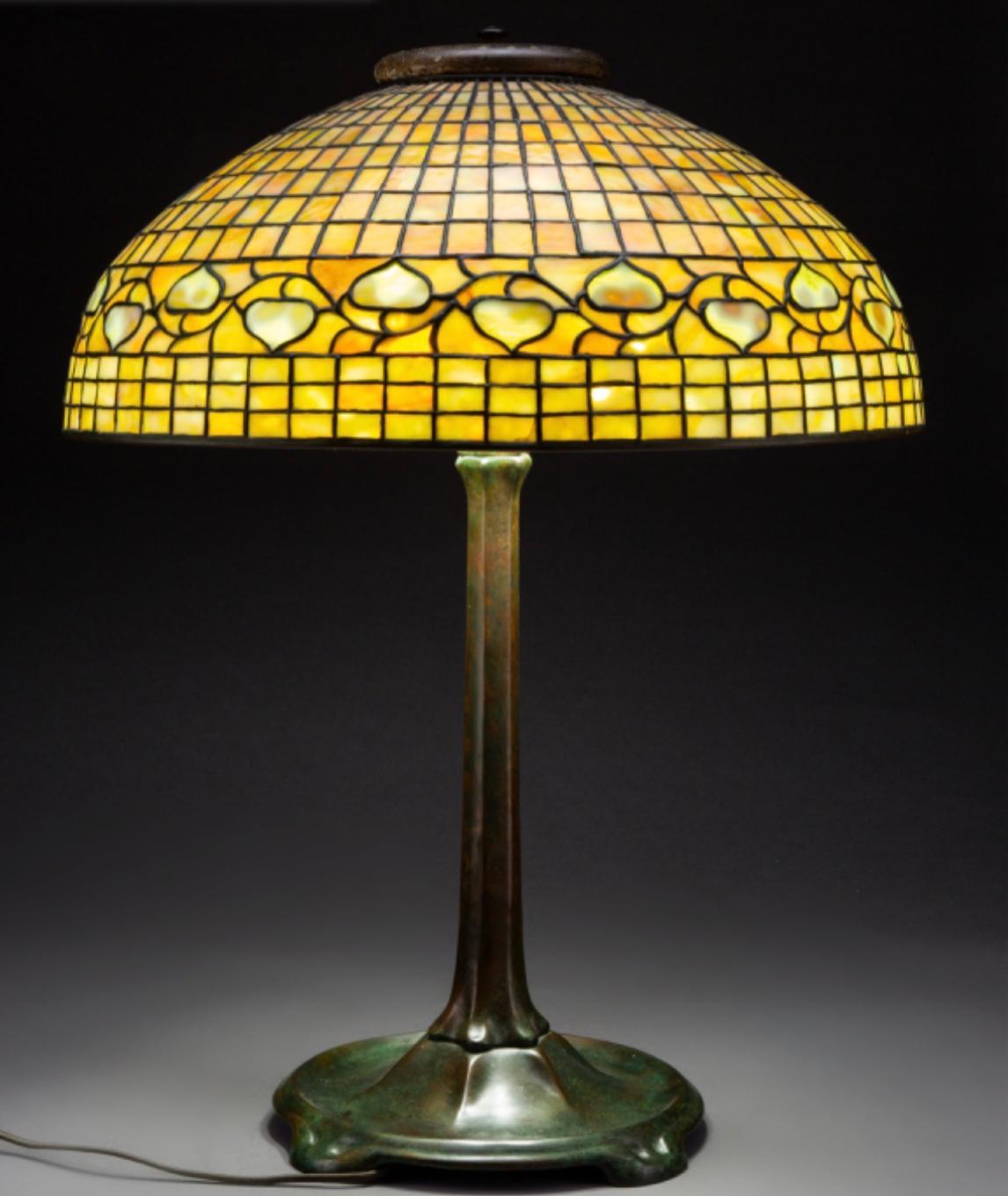Art Nouveau Large Tiffany Studios “Acorn” Stained Glass Bronze Table Lamp