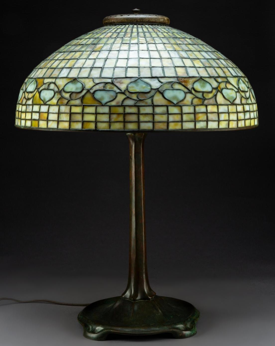 American Large Tiffany Studios “Acorn” Stained Glass Bronze Table Lamp