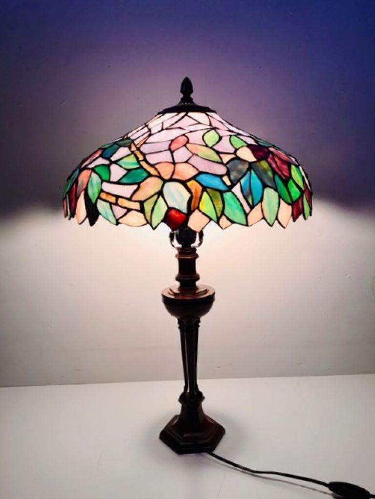 Large Tiffany Style Table Lamp Hand-Painted Leaded Glass Bronze, France 1950s 1