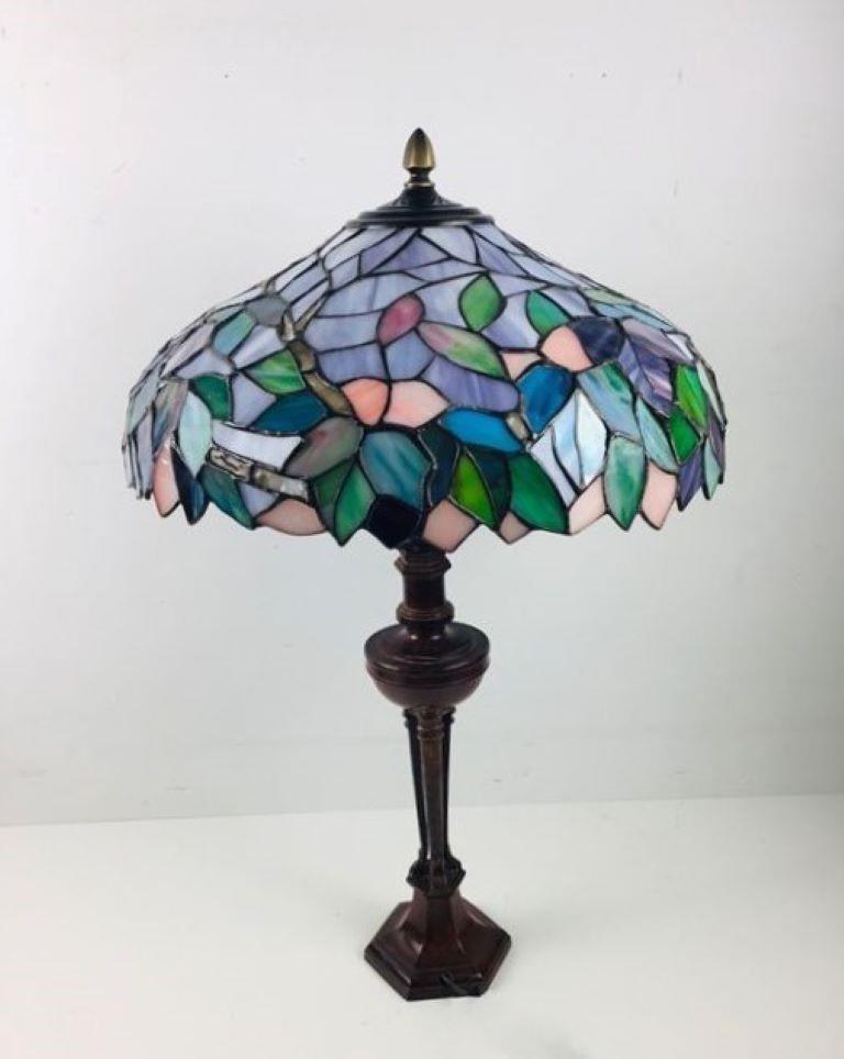 French Large Tiffany Style Table Lamp Hand-Painted Leaded Glass Bronze, France 1950s