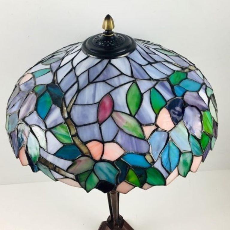 Patinated Large Tiffany Style Table Lamp Hand-Painted Leaded Glass Bronze, France 1950s