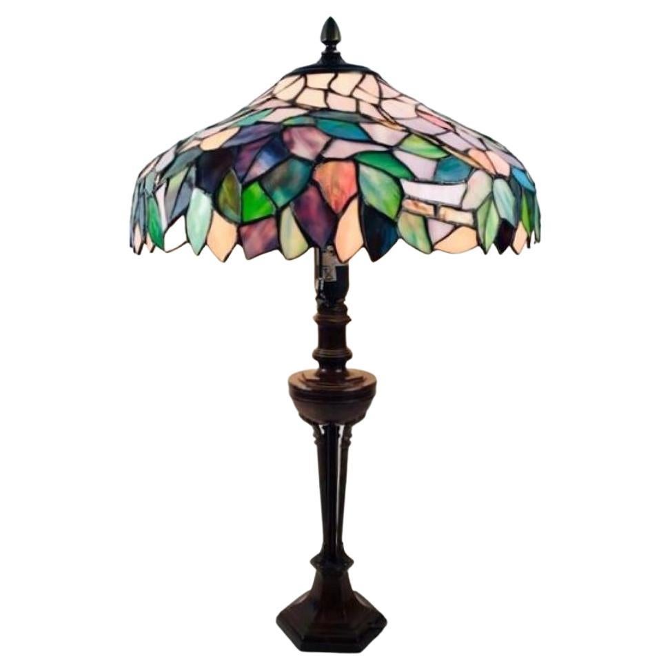 Large Tiffany Style Table Lamp Hand-Painted Leaded Glass Bronze, France 1950s
