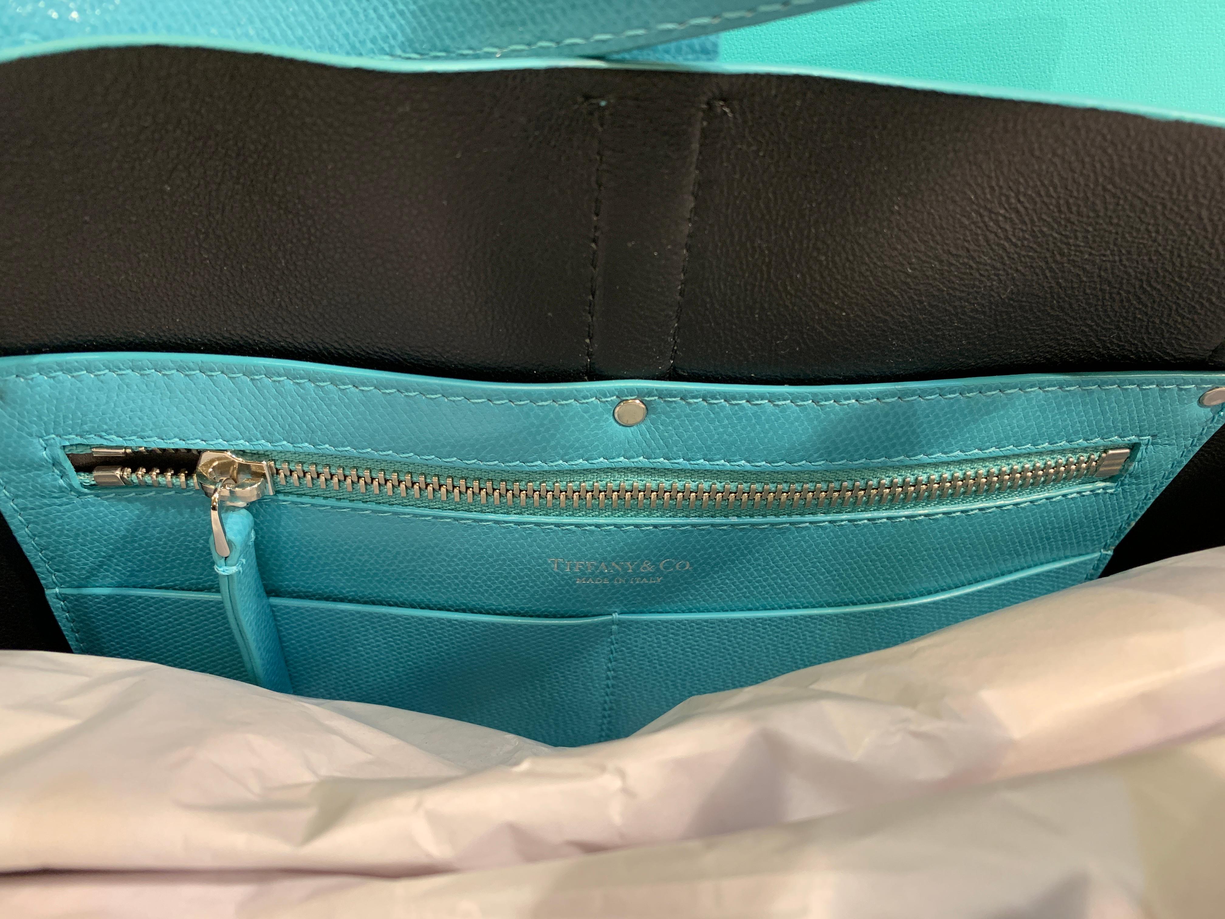 Large Tiffany & Co. Textured Leather East West Tote Bag Light Teal Made in Italy 2