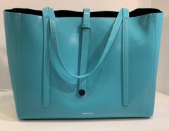 Large Tiffany & Co. Textured Leather East West Tote Bag Light Teal Made in Italy