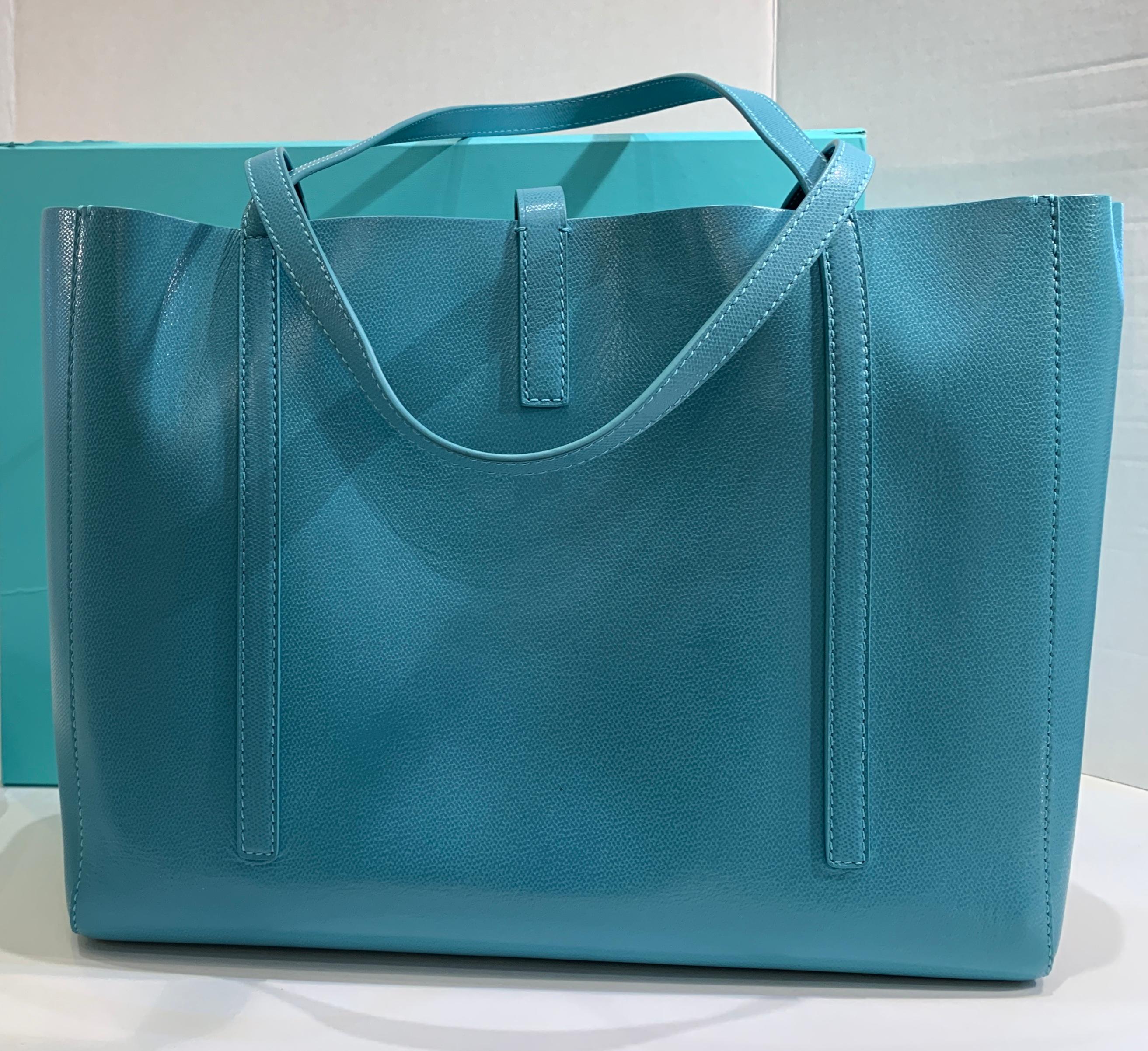 Blue Large Tiffany & Co. Textured Leather East West Tote Bag Light Teal Made in Italy