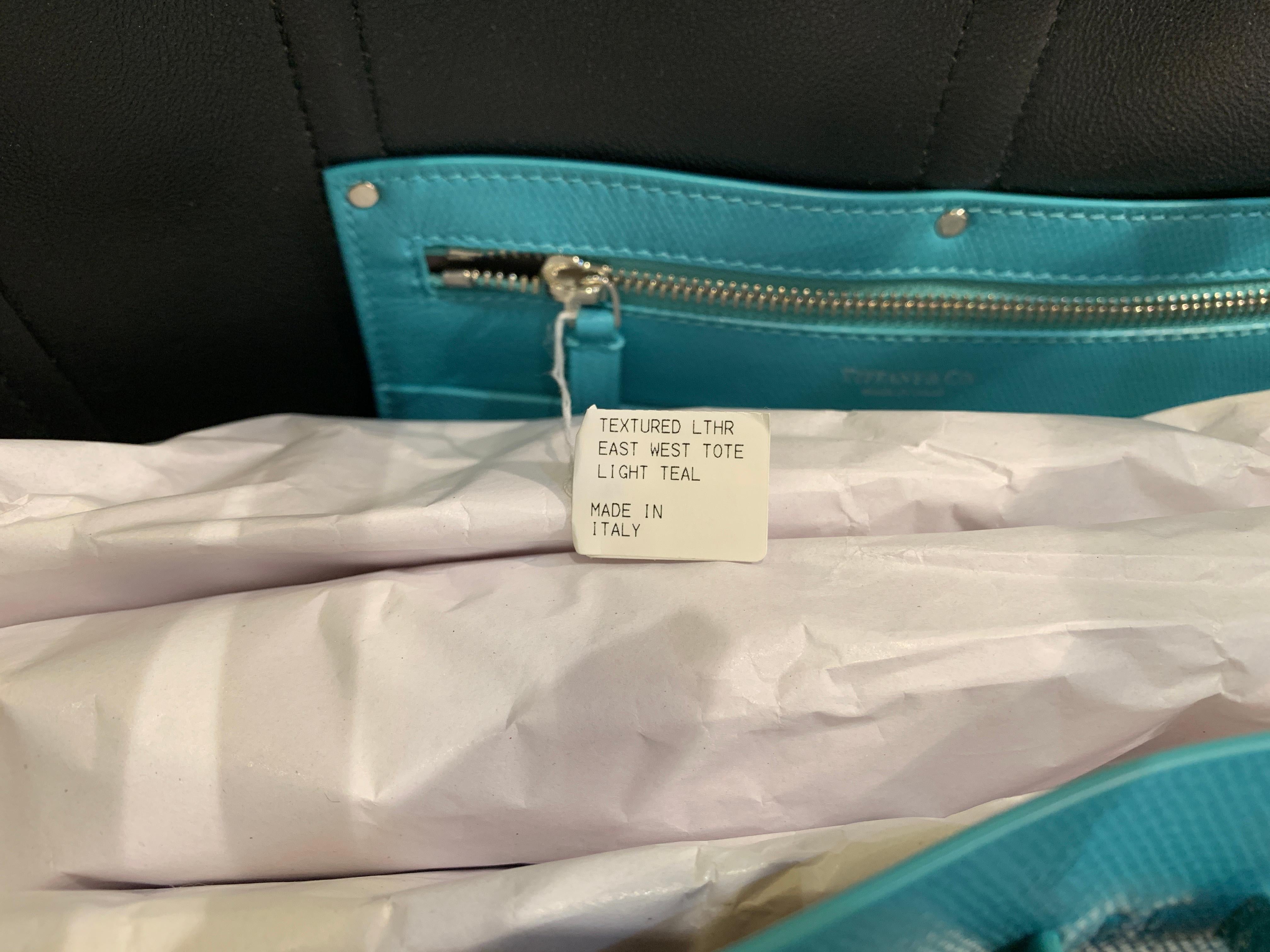Large Tiffany & Co. Textured Leather East West Tote Bag Light Teal Made in Italy In Excellent Condition In Tustin, CA
