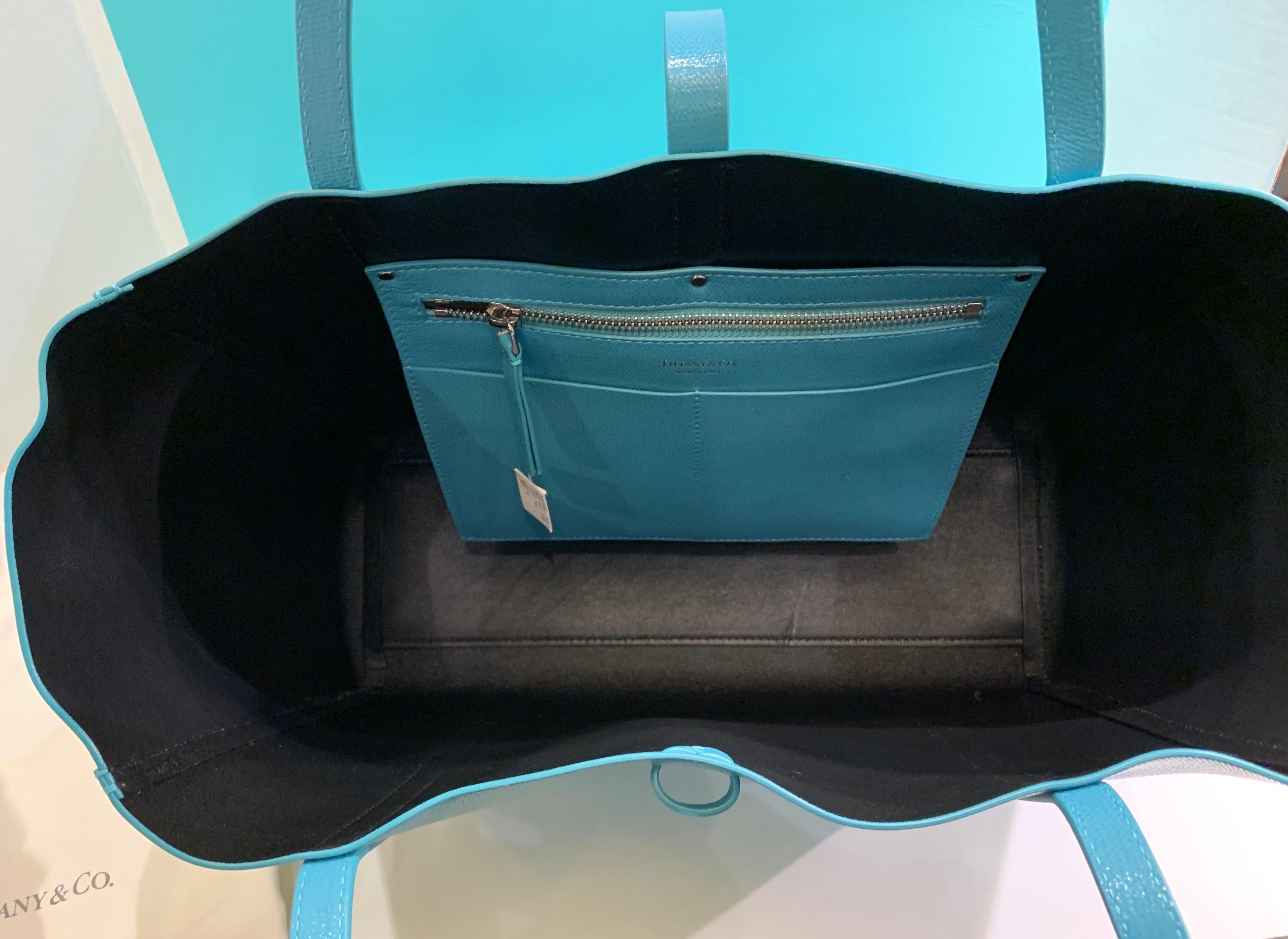 Women's Large Tiffany & Co. Textured Leather East West Tote Bag Light Teal Made in Italy