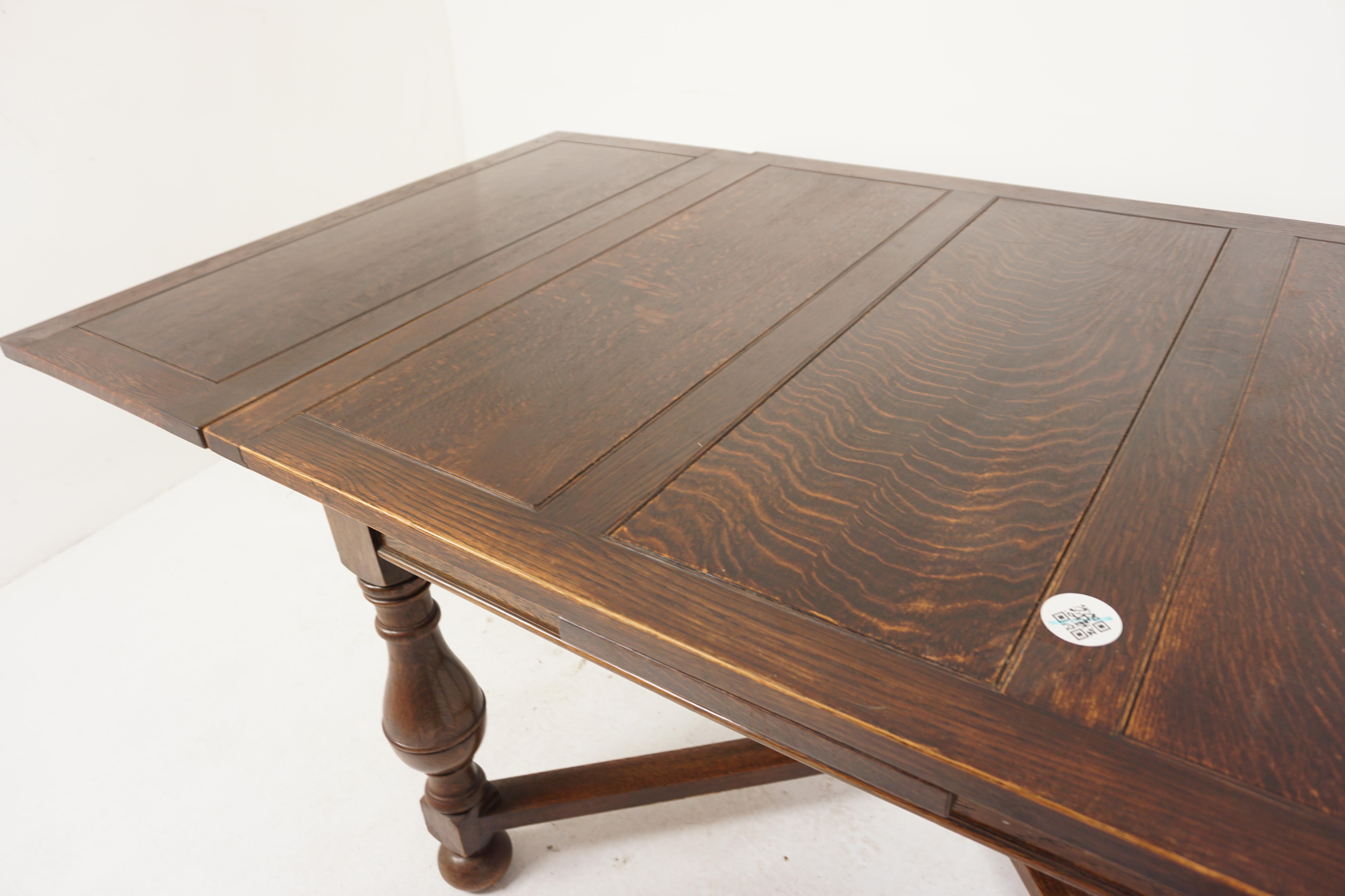 Large Tiger Oak Refectory Pull Out Draw Leaf Dining Table, Scotland 1920, H744 For Sale 5
