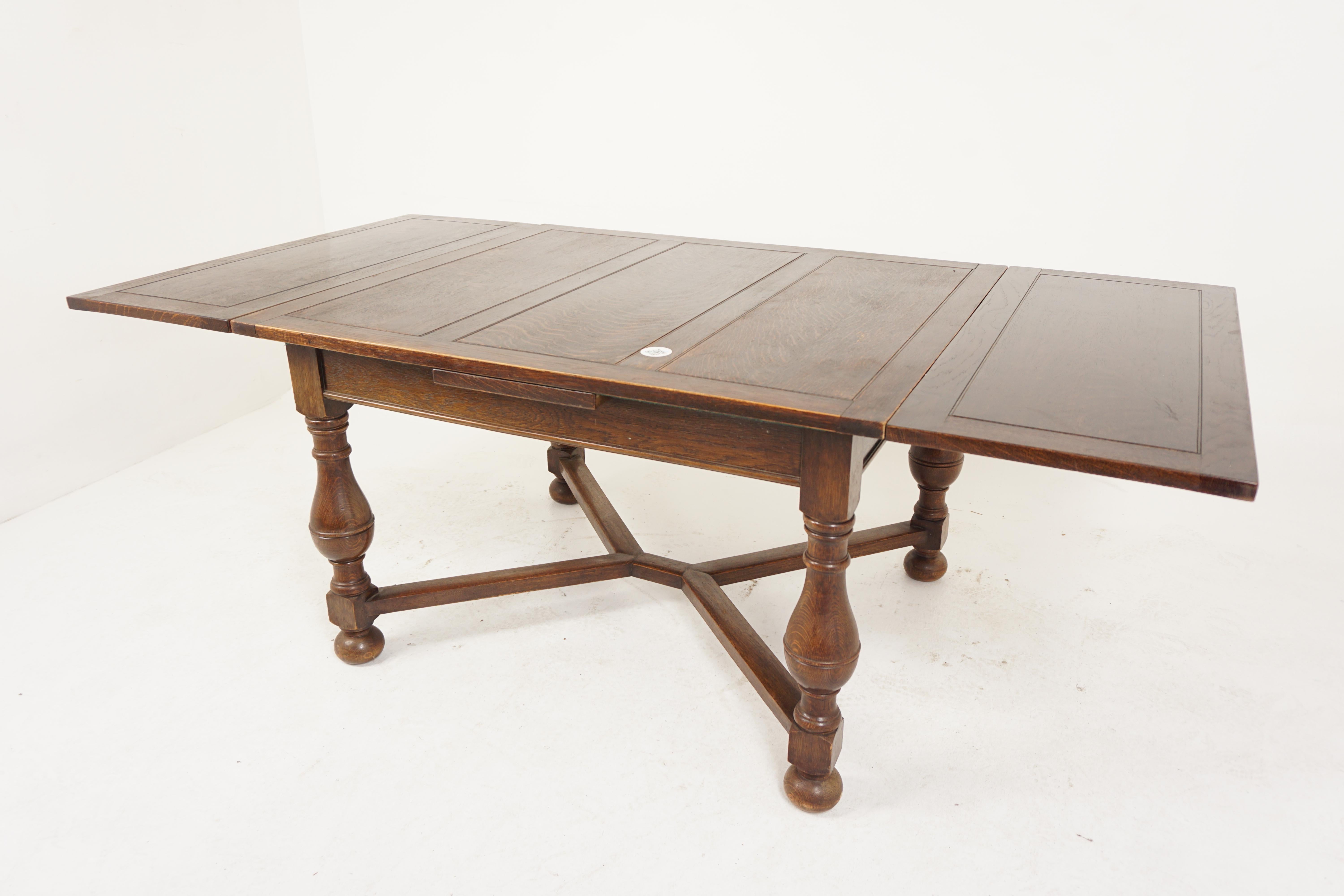 Large Tiger Oak Refectory Pull Out Draw Leaf Dining Table, Scotland 1920, H744 For Sale 6