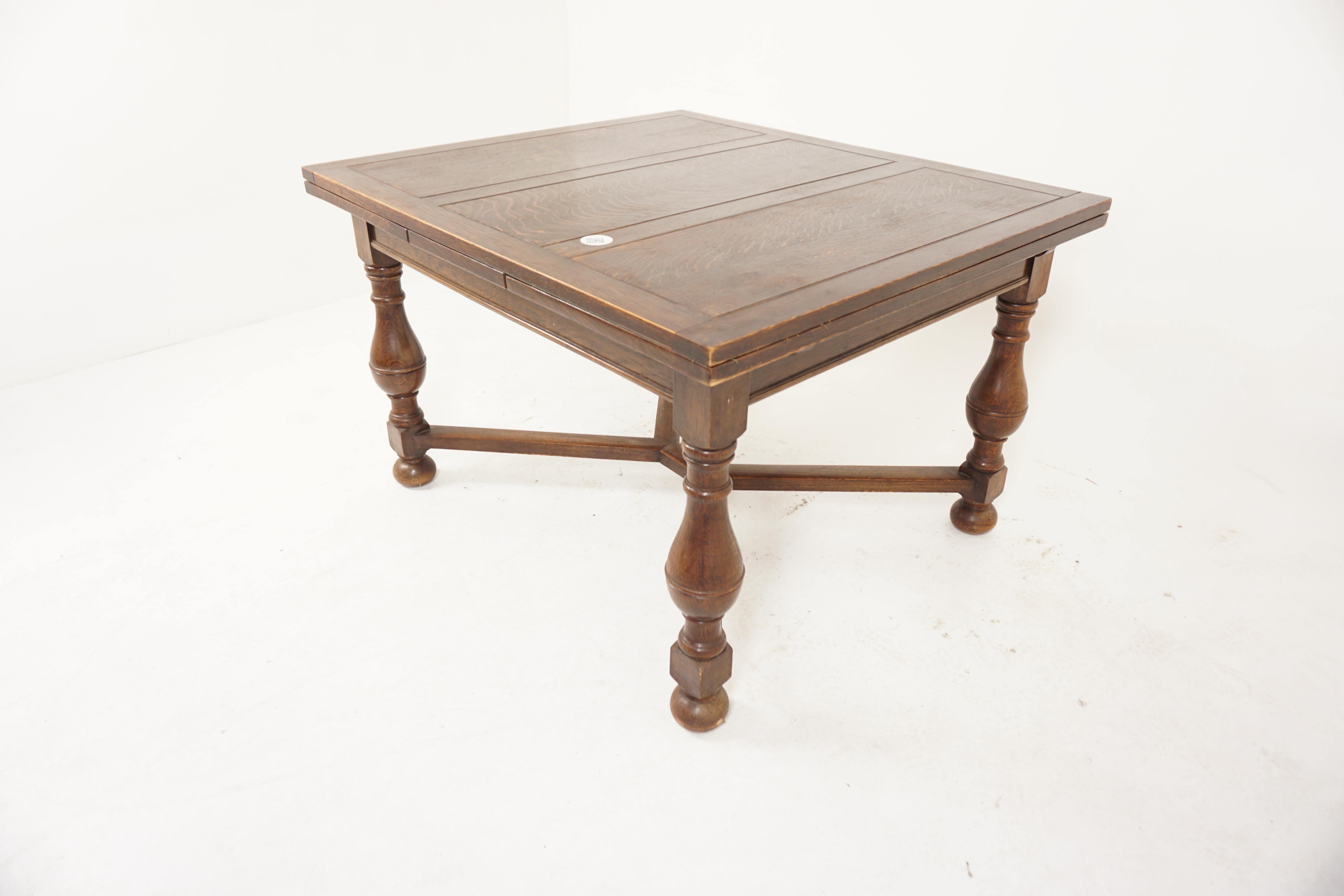 Scottish Large Tiger Oak Refectory Pull Out Draw Leaf Dining Table, Scotland 1920, H744 For Sale