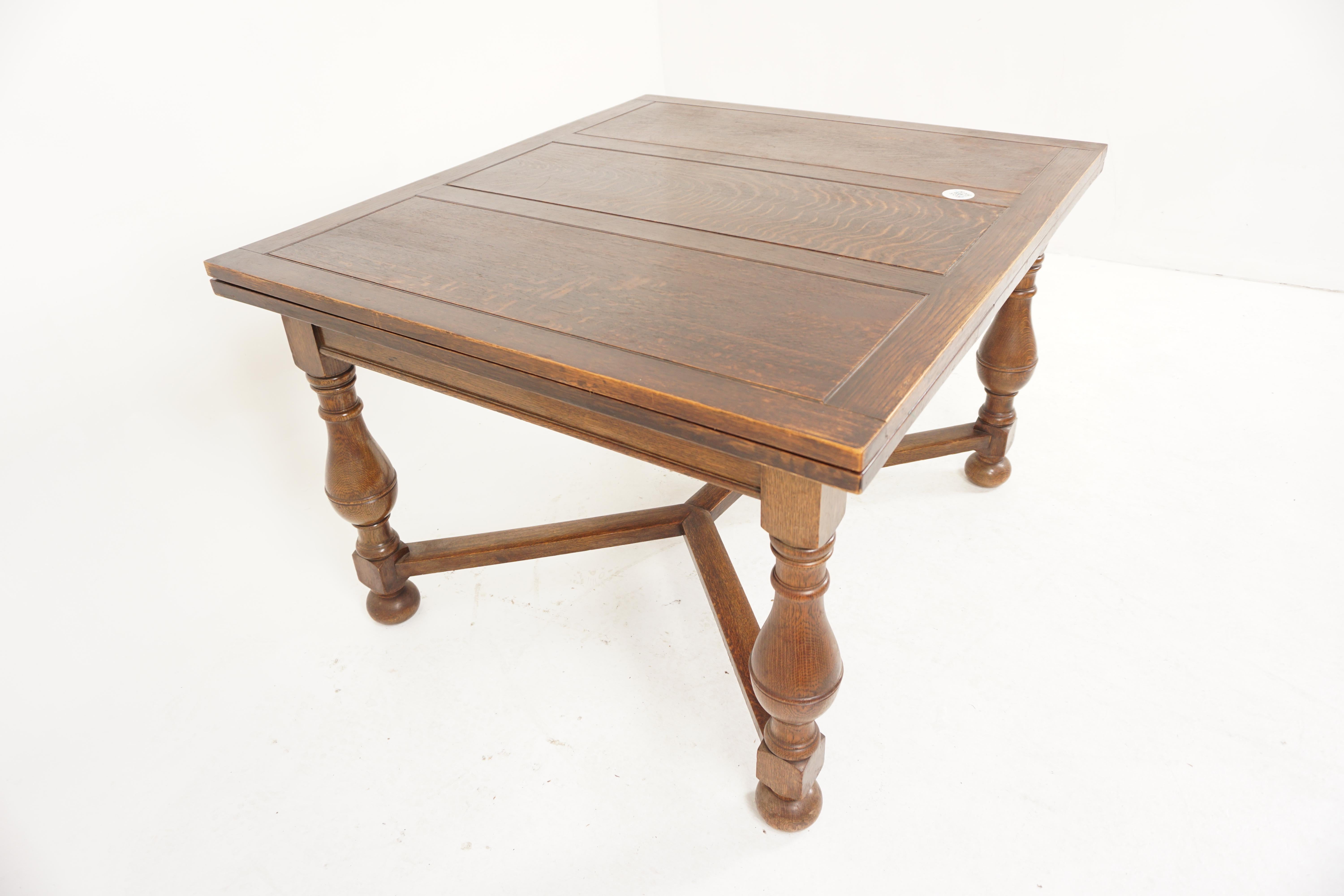 Large Tiger Oak Refectory Pull Out Draw Leaf Dining Table, Scotland 1920, H744 In Good Condition For Sale In Vancouver, BC
