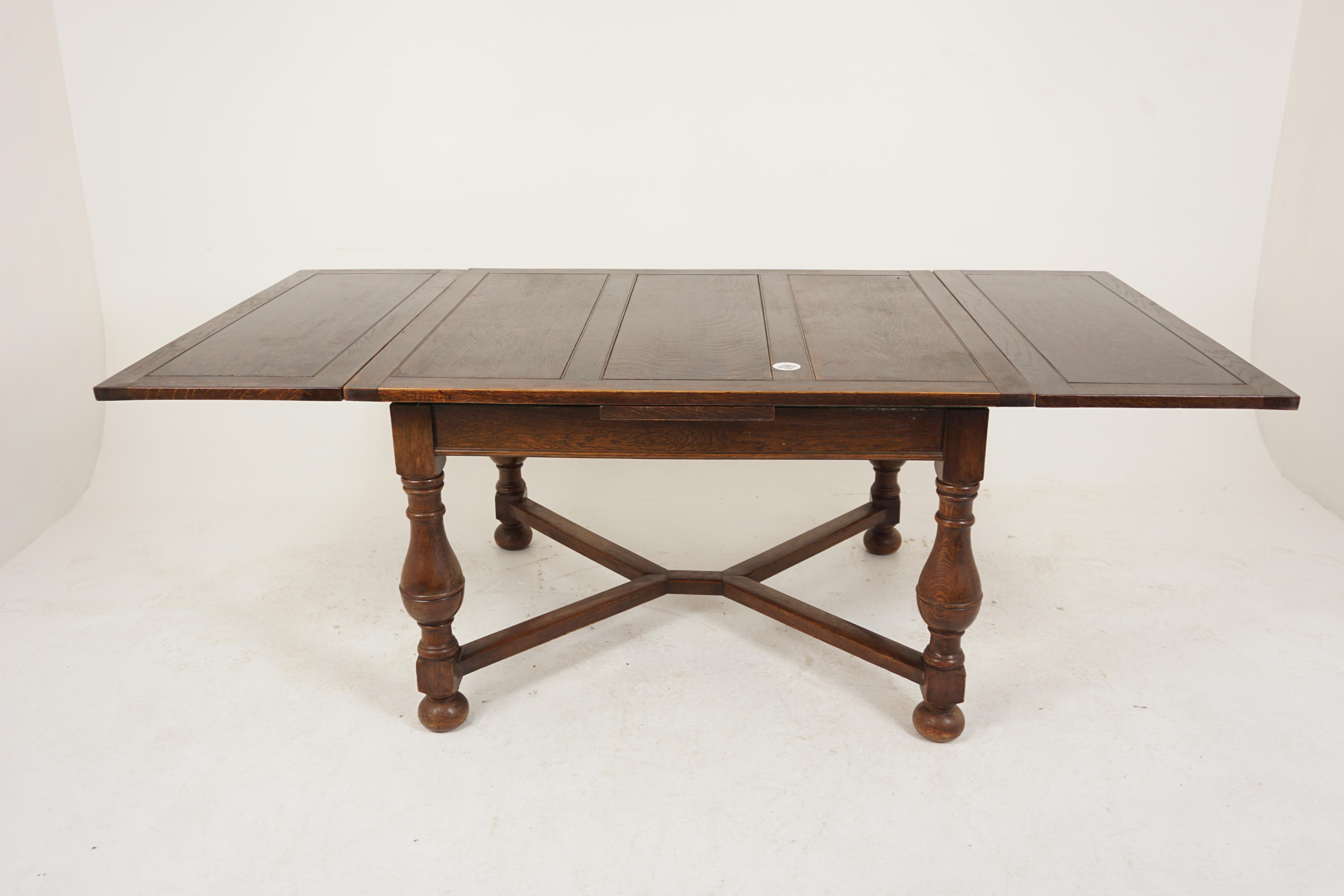 Large Tiger Oak Refectory Pull Out Draw Leaf Dining Table, Scotland 1920, H744 For Sale 1