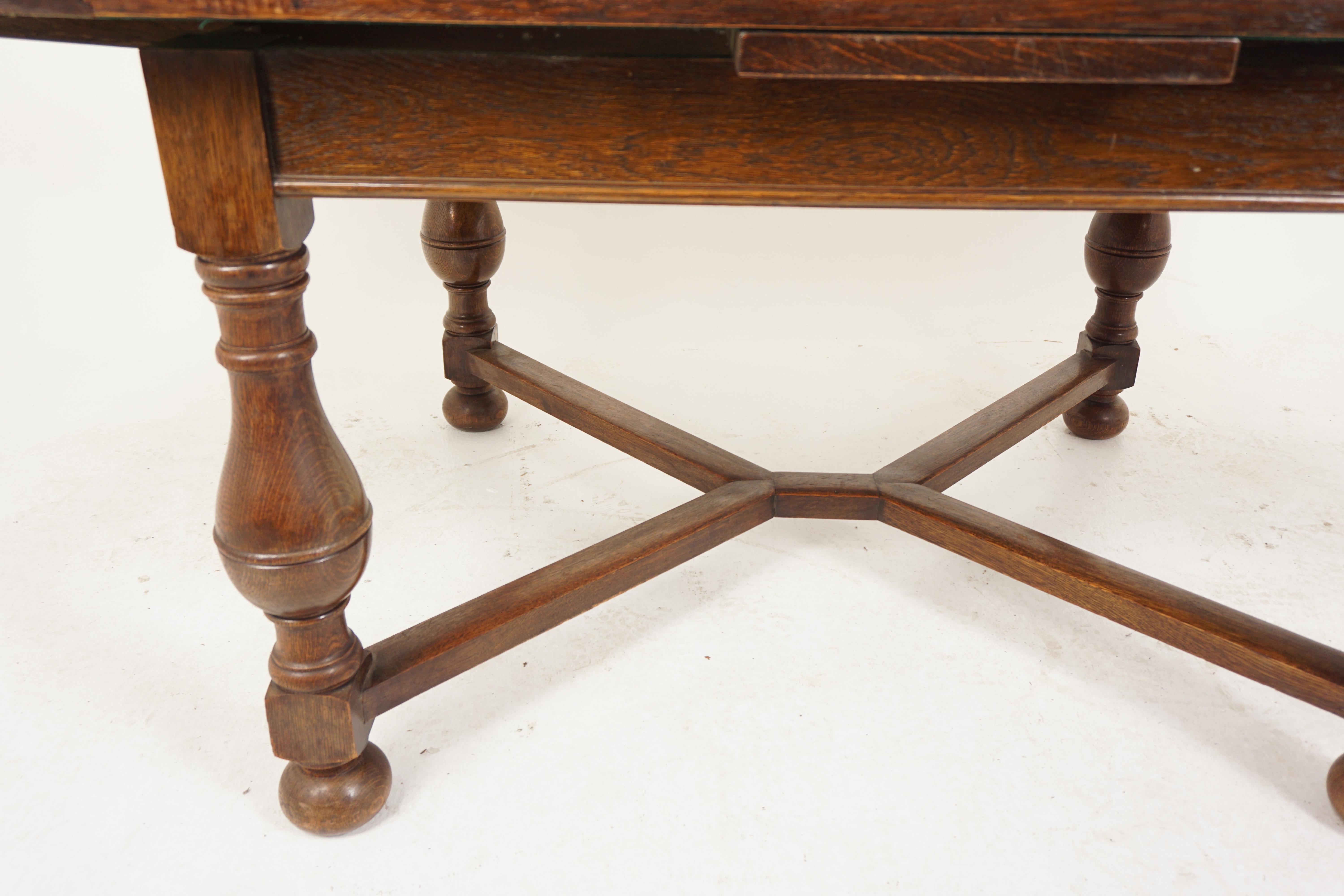 Large Tiger Oak Refectory Pull Out Draw Leaf Dining Table, Scotland 1920, H744 For Sale 2