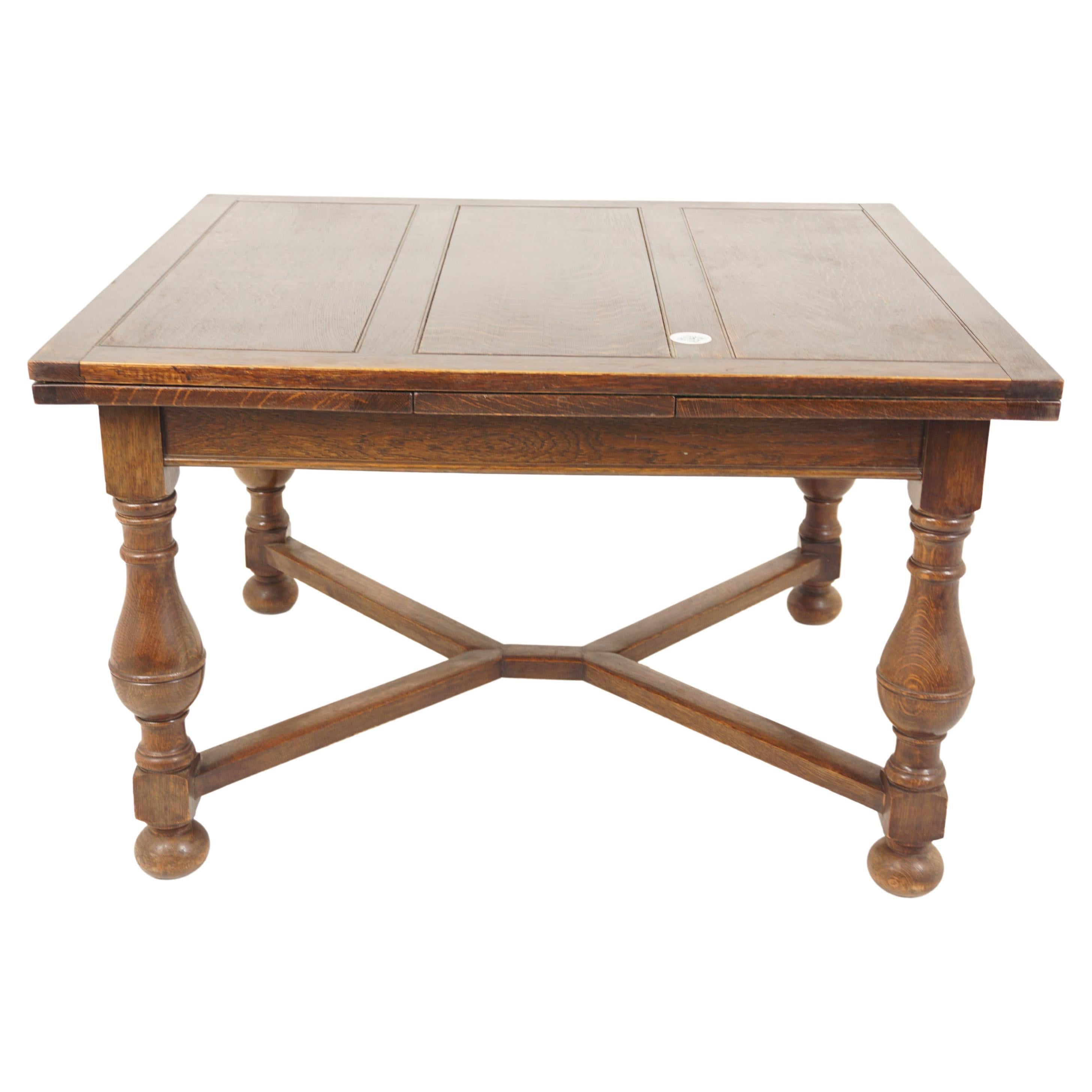 Large Tiger Oak Refectory Pull Out Draw Leaf Dining Table, Scotland 1920, H744 For Sale