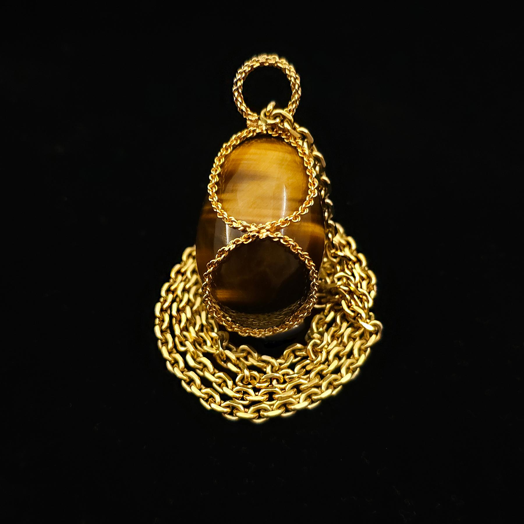 Women's or Men's Large Tiger's Eye and 18k Gold Encased Egg Pendant 