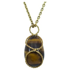 Retro Large Tiger's Eye and 18k Gold Encased Egg Pendant 