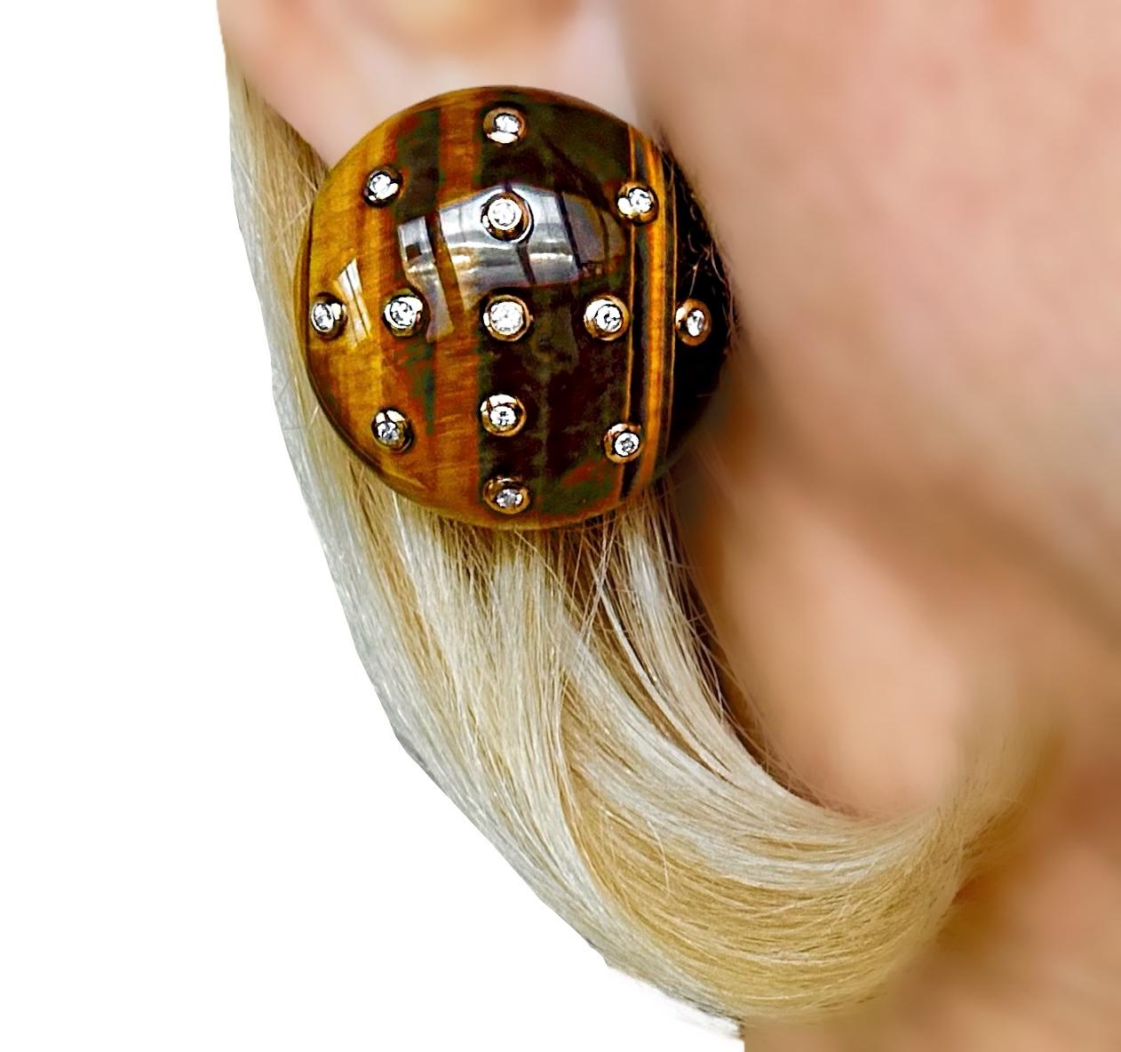 Large Tiger's Eye Diamond & 18K Yellow Gold Dome Earrings  1  3/16 Inch Diameter im Angebot 4