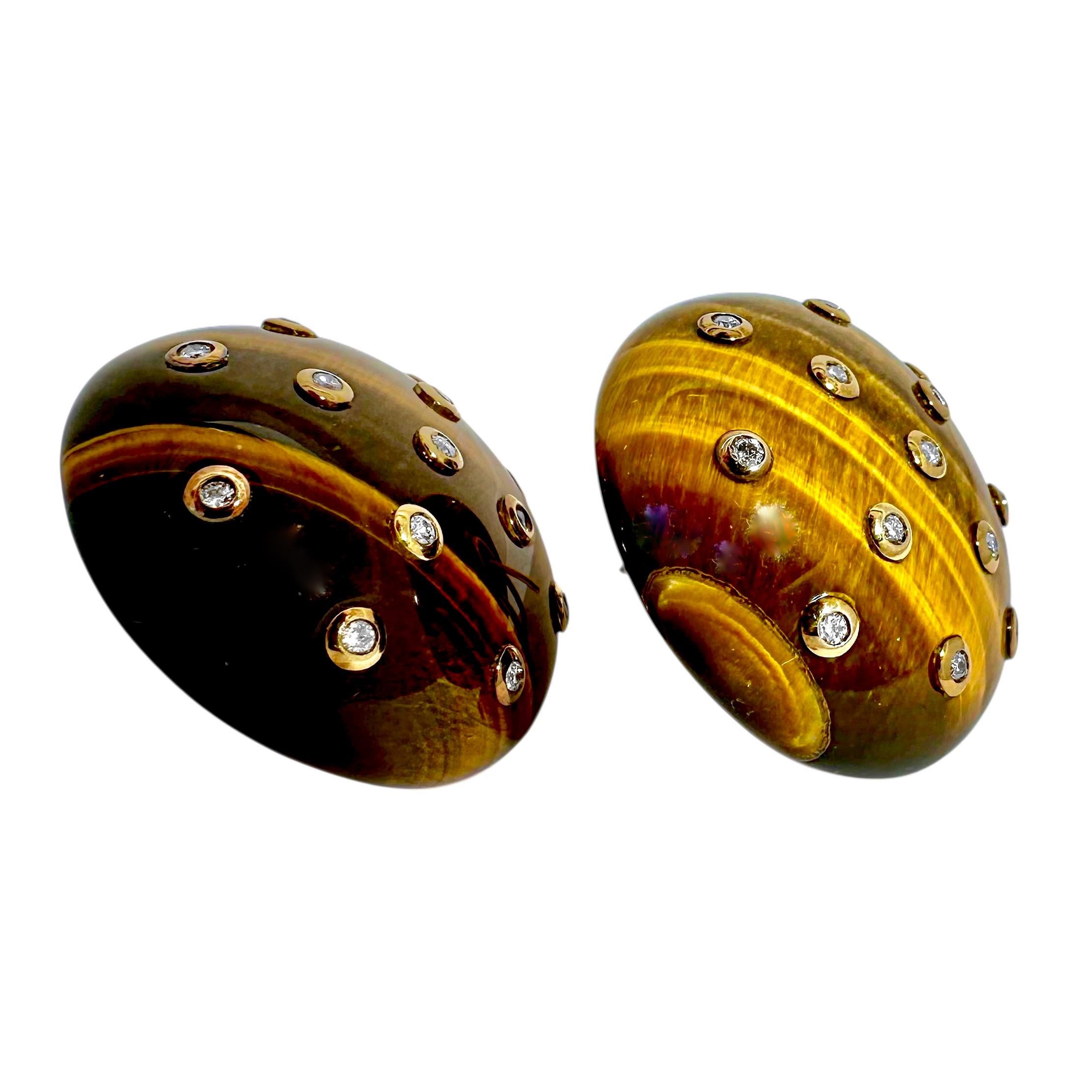 Large Tiger's Eye Diamond & 18K Yellow Gold Dome Earrings  1  3/16 Inch Diameter Damen im Angebot