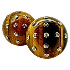 Large Tiger's Eye Diamond & 18K Yellow Gold Dome Earrings  1  3/16 Inch Diameter
