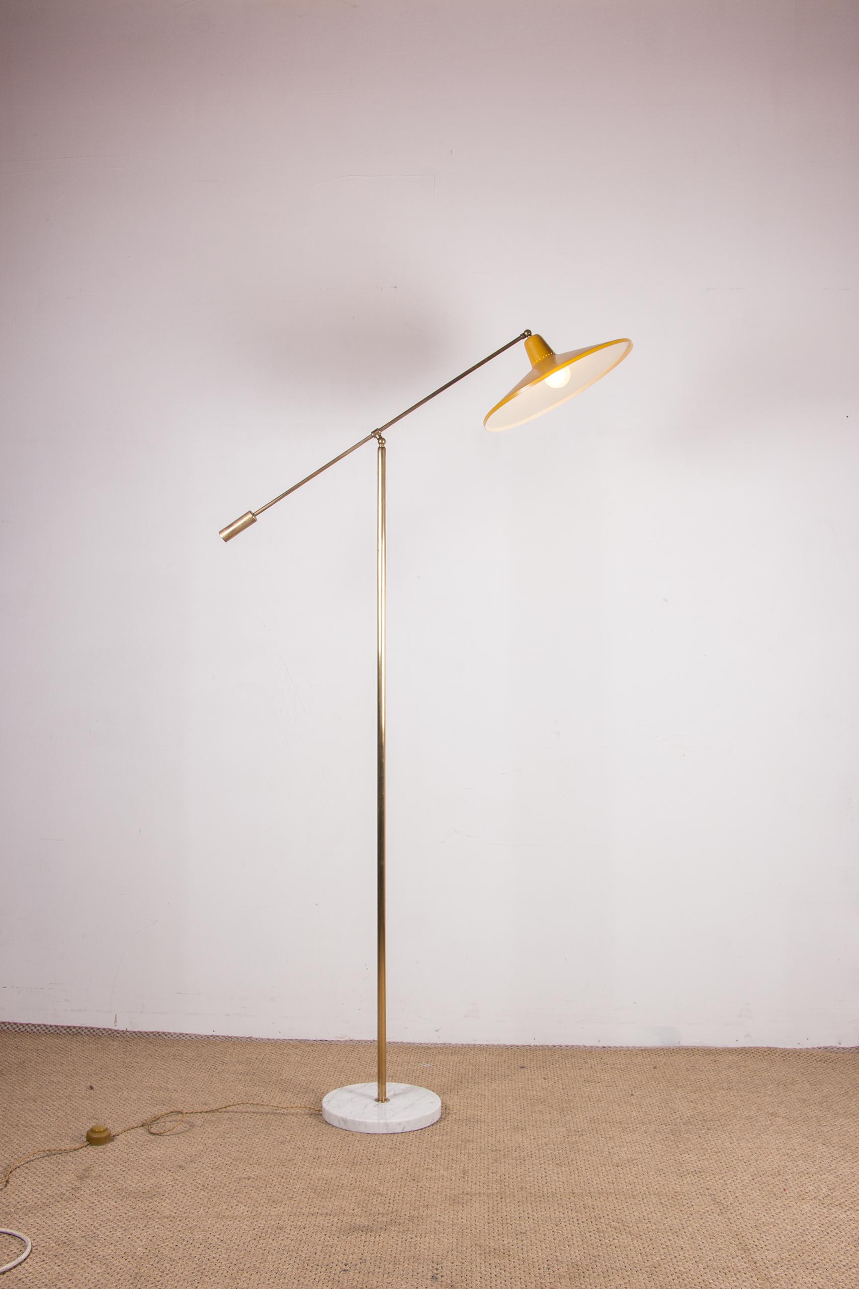 Industrial Large tilting Italian floor lamp in Brass, Metal and white Marble by Stilnovo.