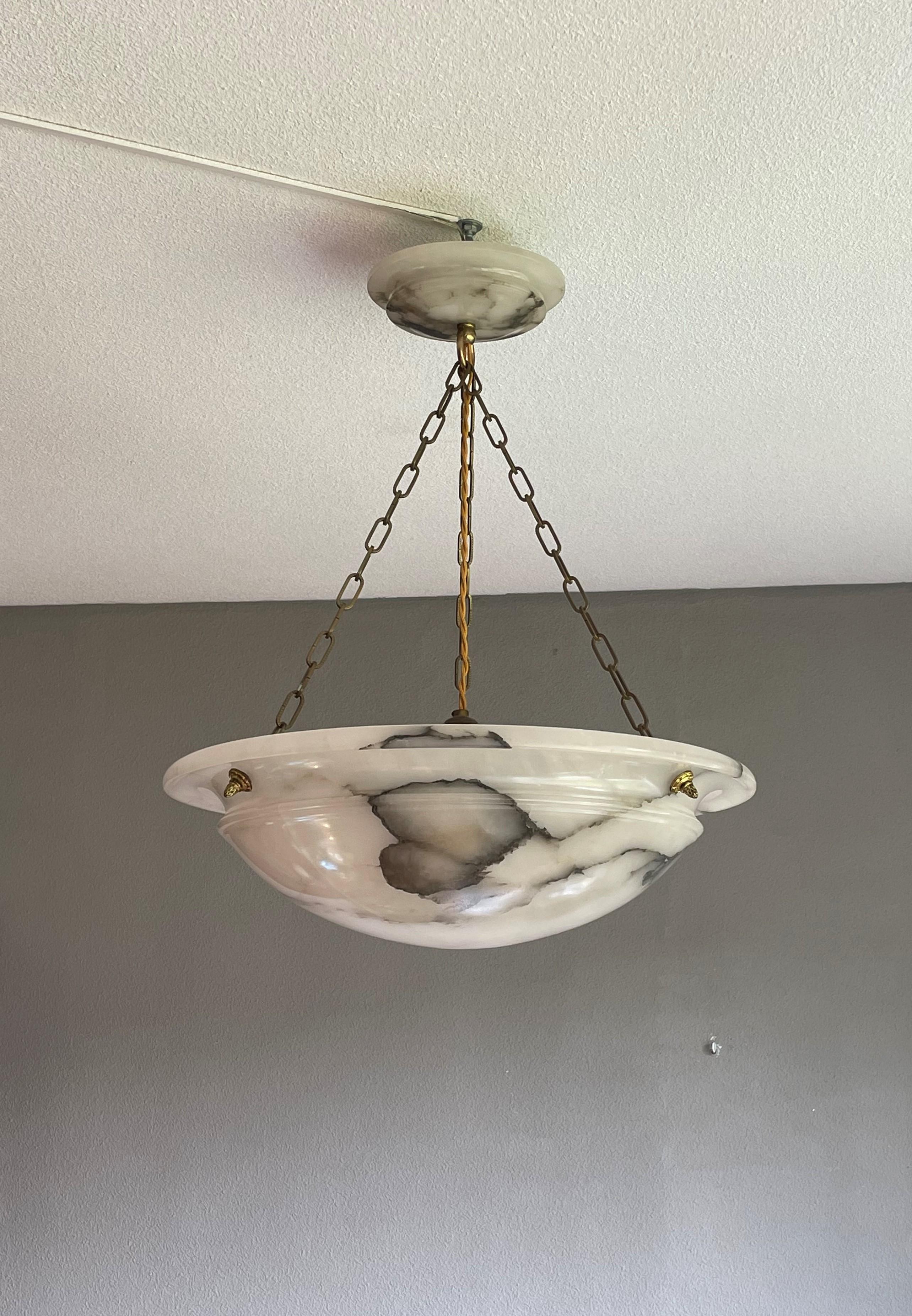 Large & Timeless Alabaster and Bronze French Art Deco Pendant Light / Chandelier 5