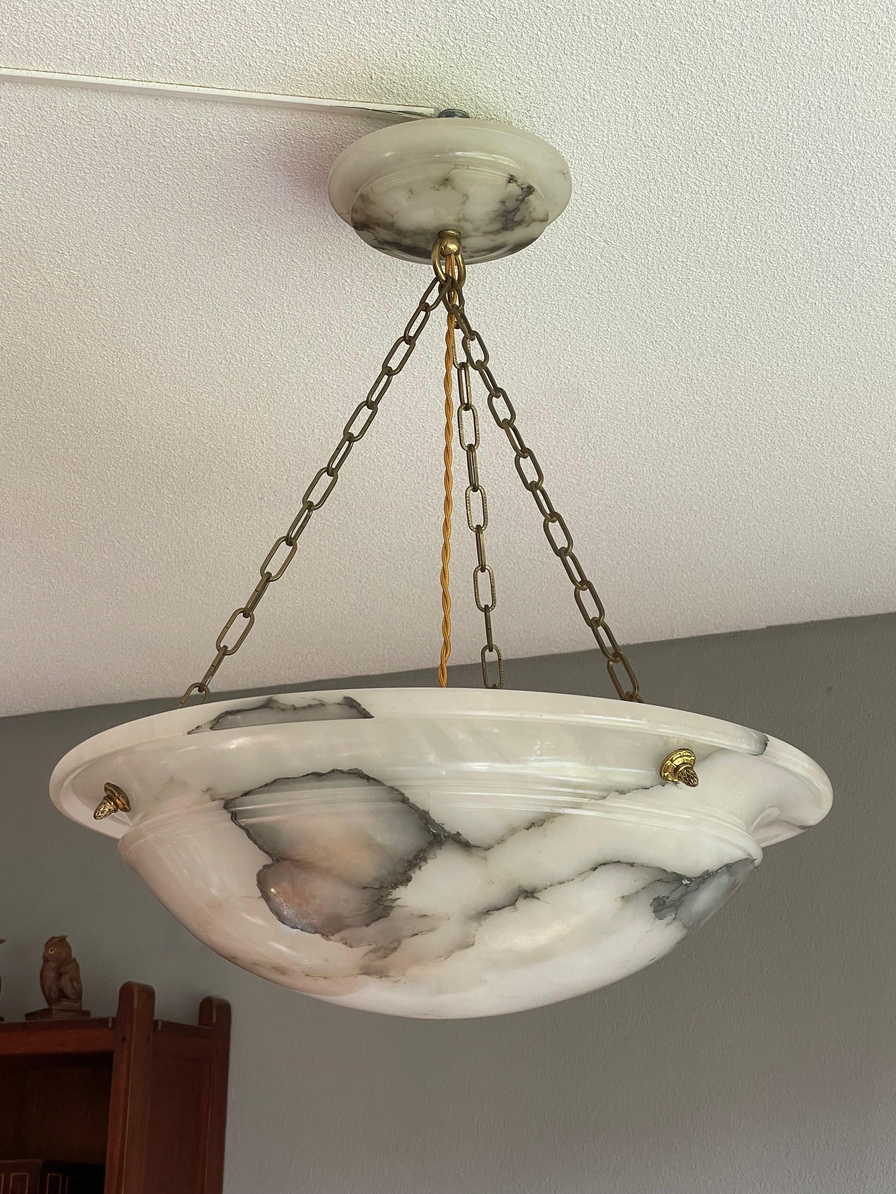 Large & Timeless Alabaster and Bronze French Art Deco Pendant Light / Chandelier 9