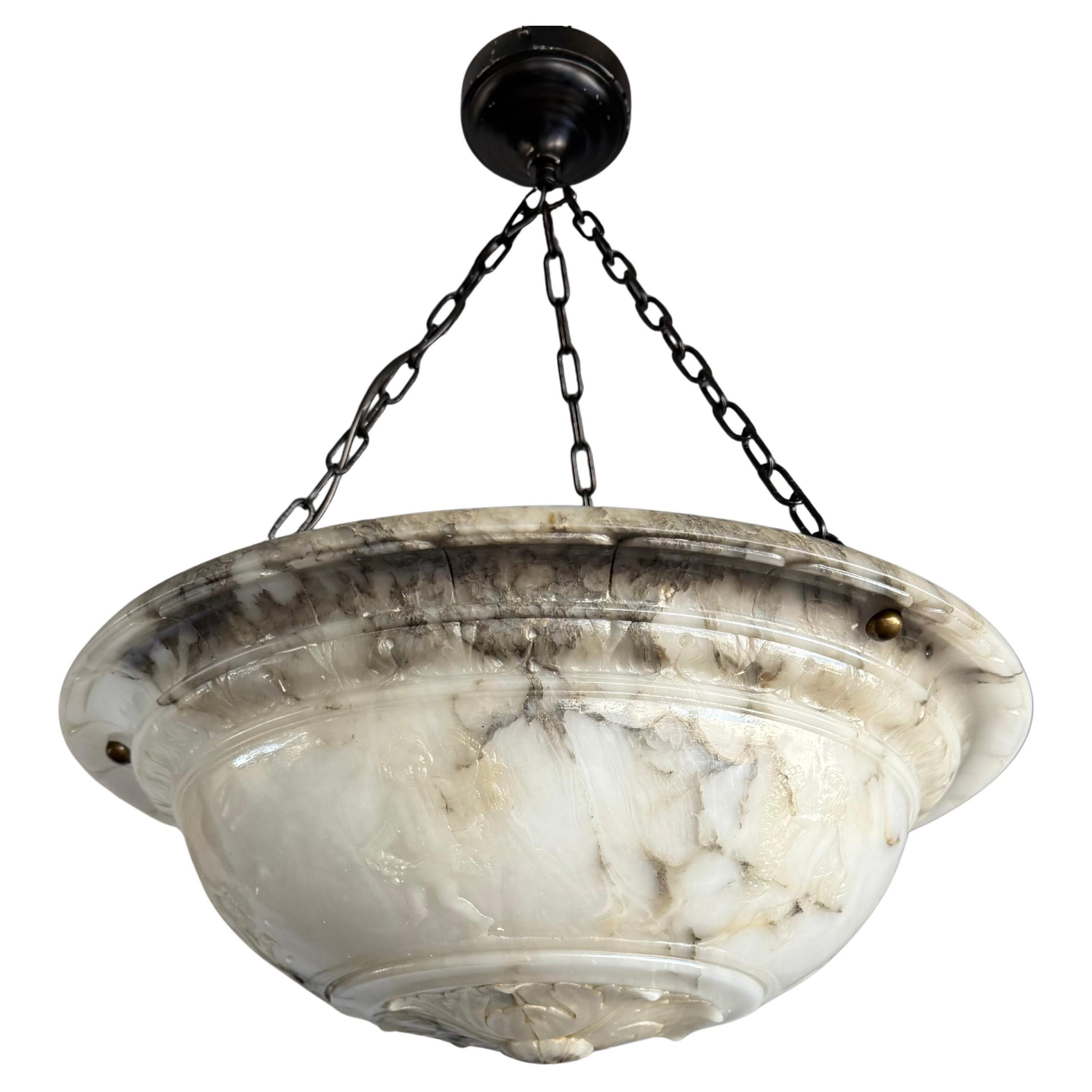 Large & Timeless Antique Craftsmanship, White and Black Alabaster Pendant Light