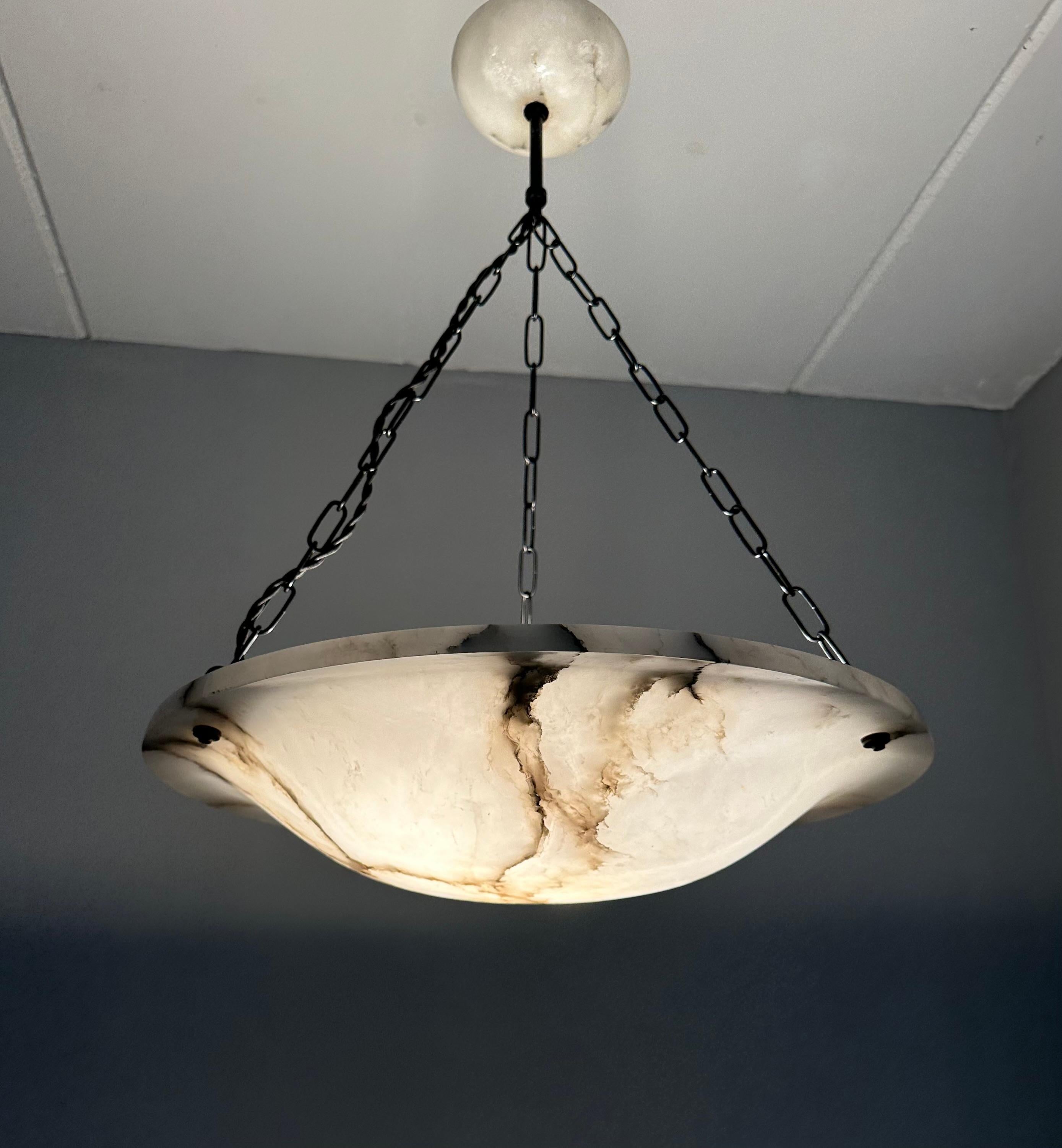 Large & Timeless Exquisite White & Black Antique Flat Alabaster Pendant Light  In Good Condition For Sale In Lisse, NL