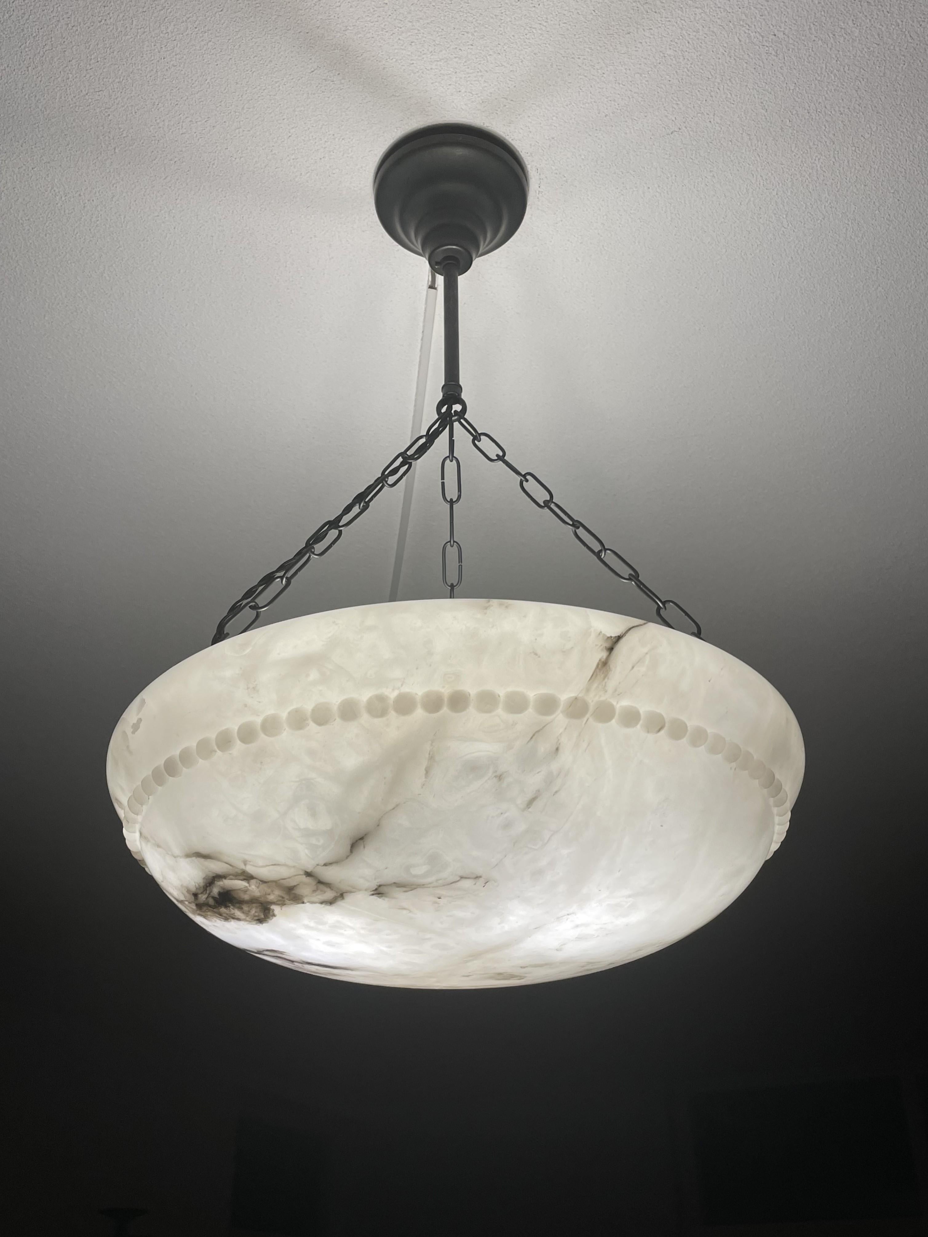 Large & Timeless & Mint White & Black Antique Alabaster Pendant Chandelier 1910s In Excellent Condition In Lisse, NL