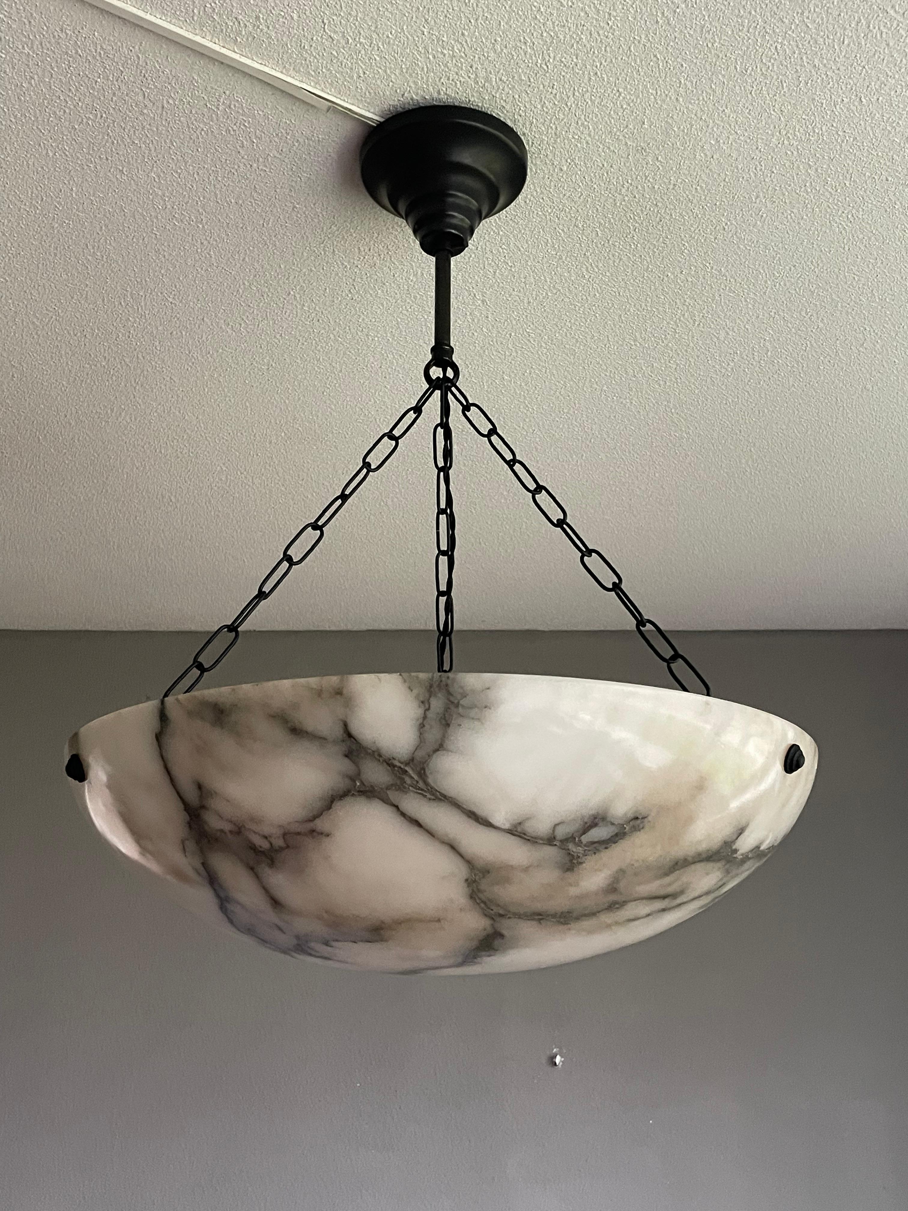 Art Deco Large & Timeless & Near Mint White & Black Antique Alabaster Pendant Chandelier