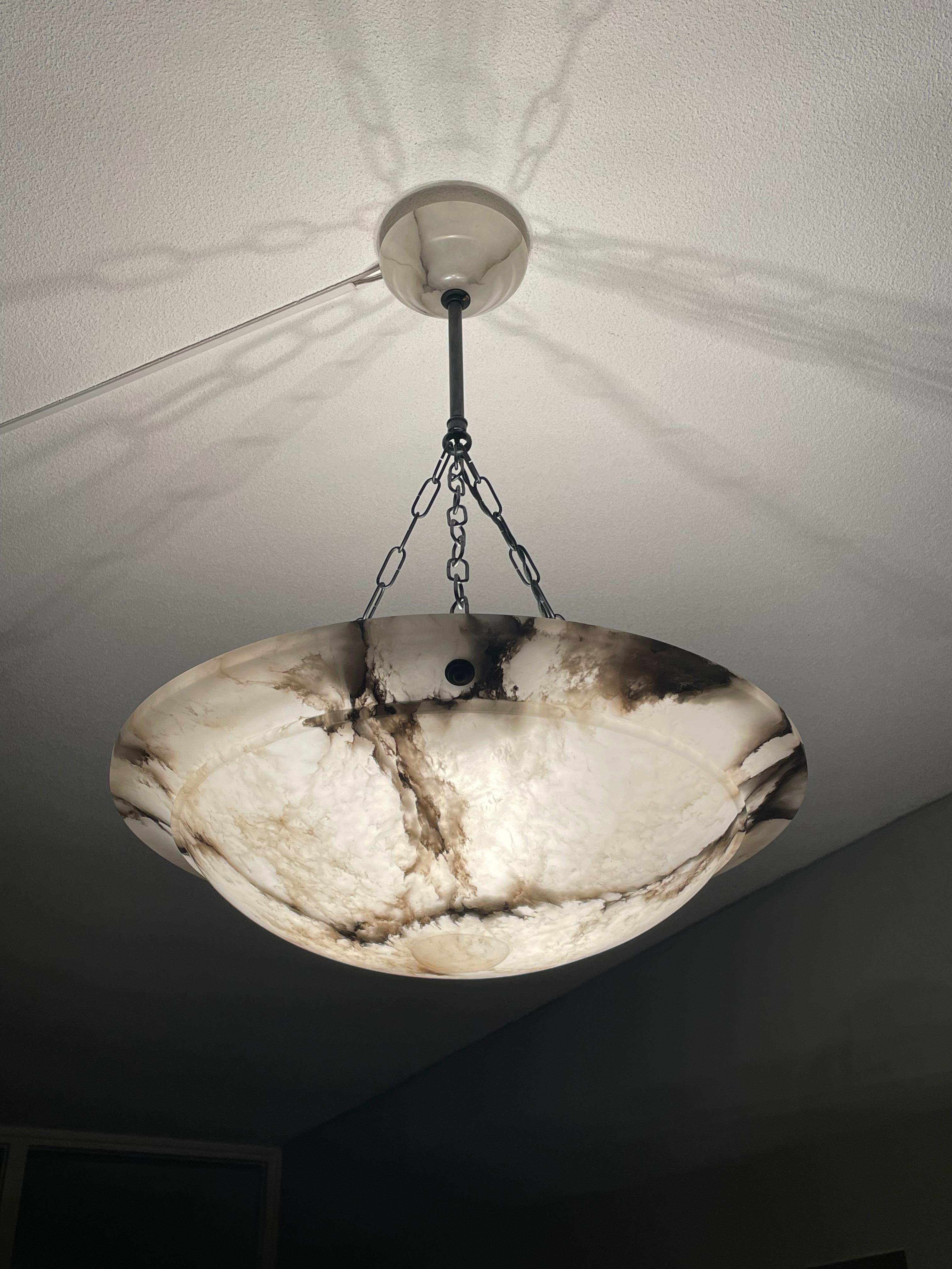 Large & Timeless White & Black Antique Alabaster Pendant w. Original Canopy 1910 In Good Condition For Sale In Lisse, NL