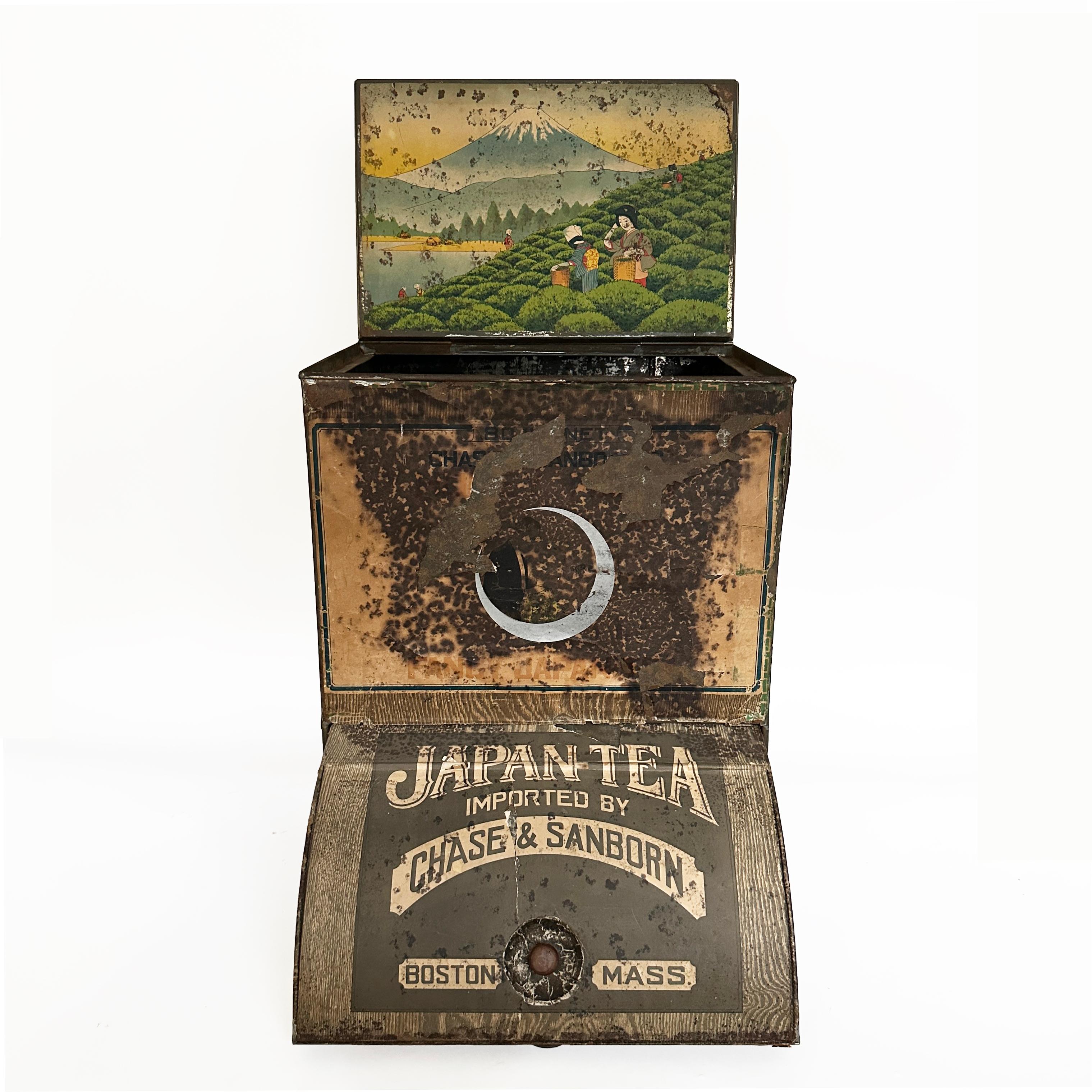 Bulk Tea container made of tin and decorated with images and symbols of an American Company named Chase and Sanborn of Boston, Massachusetts, USA.  An established coffee and tea roasting entity established in 1864, it was the first company to pack