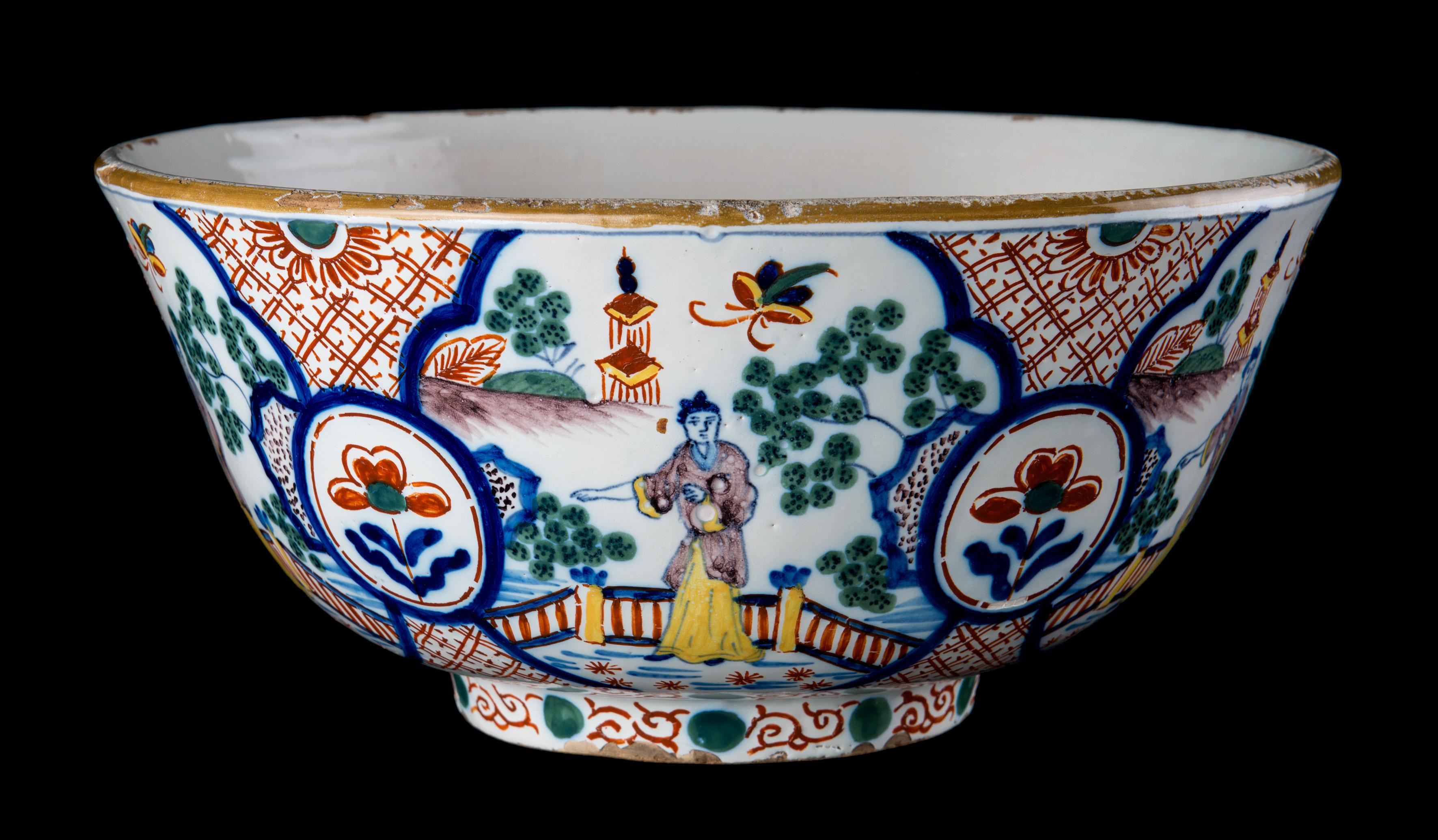 Hand-Painted Large Tin-Glazed Bowl in the Style of Old Dutch Delftware For Sale