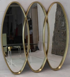 Large Tipple Oval Triptych Carved Wood Frame Gold Wall Mirror