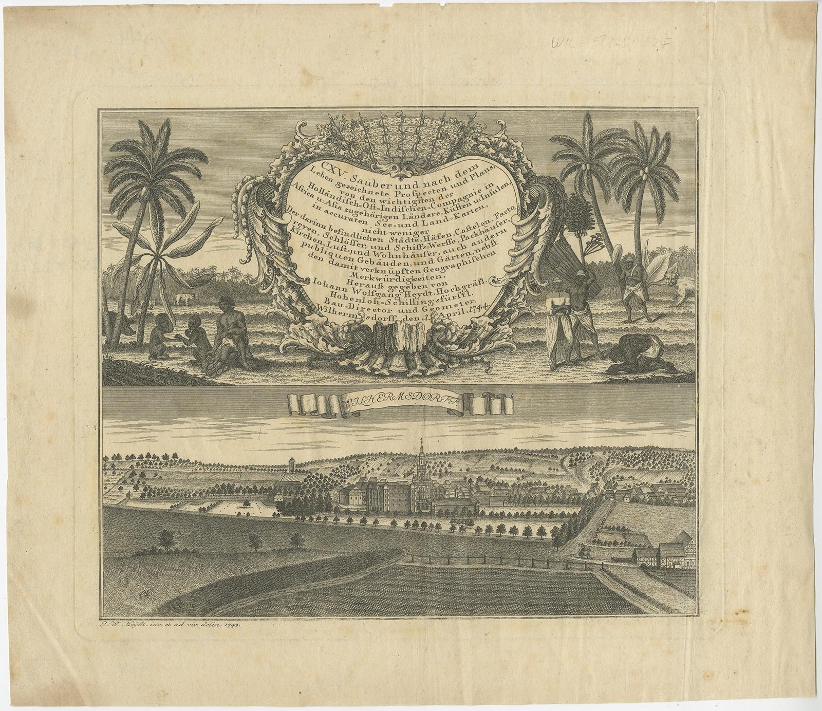 Antique print titled 'Sauber und nach dem Leben gezeichnete Prospecten und Plans, von den wichtigsten der Holländisch-Ost-Indischen-Compagnie in Africa u: Asia (..)'. Frontispiece of Heydt's 'Allerneuester Geographisch- und Topographischer