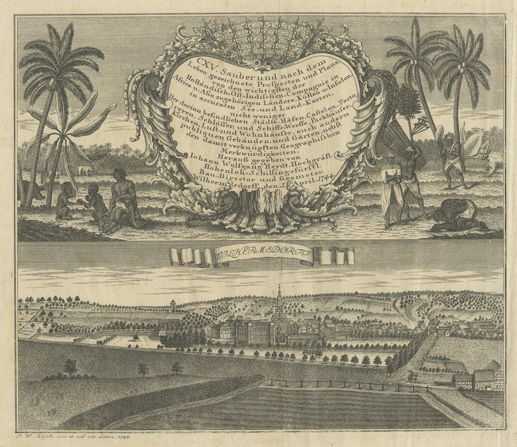 Large Title Cartouche and a View of Wilhermsdorf, Beieren, Germany, 1744 In Fair Condition For Sale In Langweer, NL