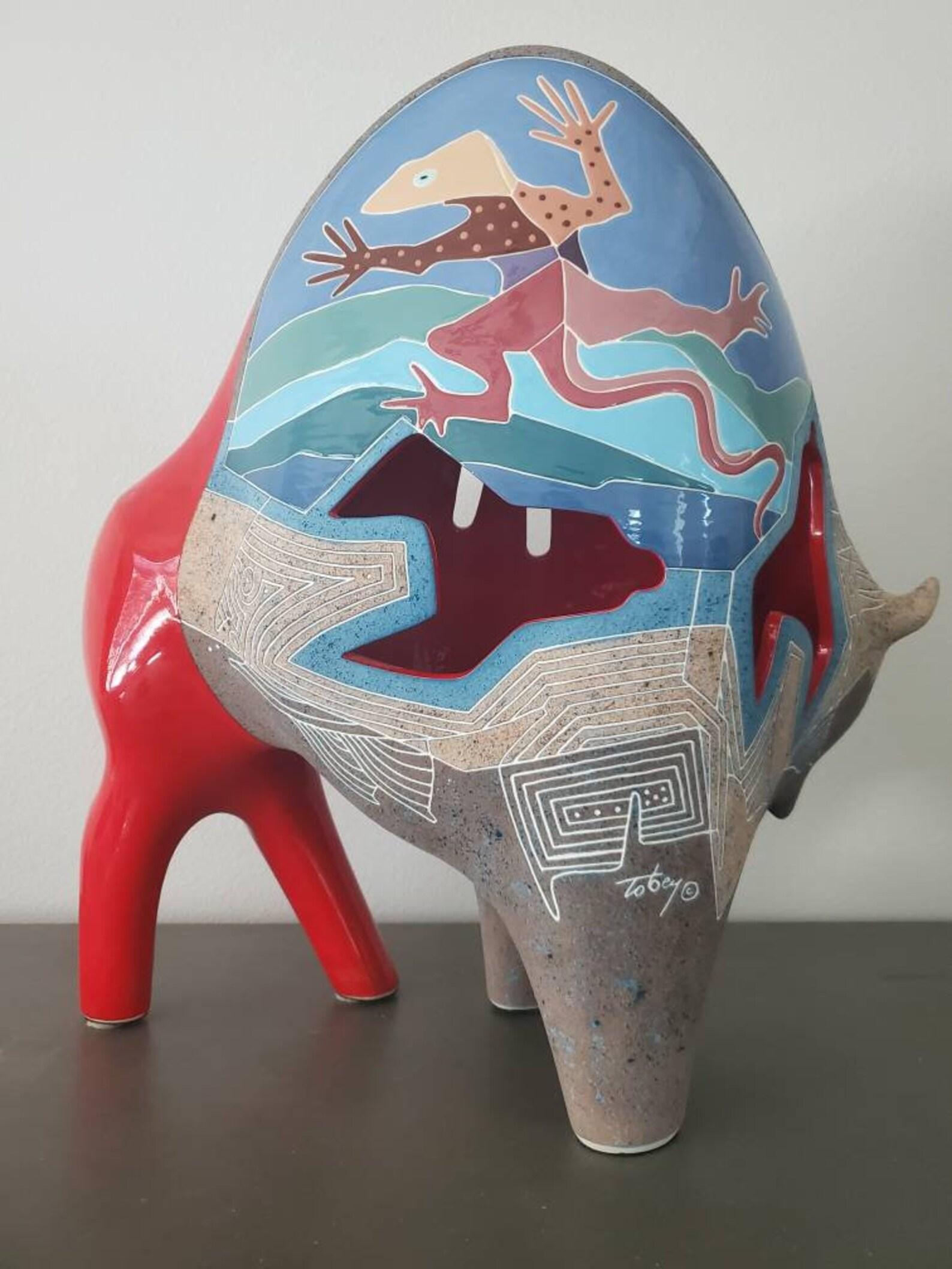 20th Century Large Tobey Ceramic Signed American Southwestern Modern Buffalo Sculpture For Sale