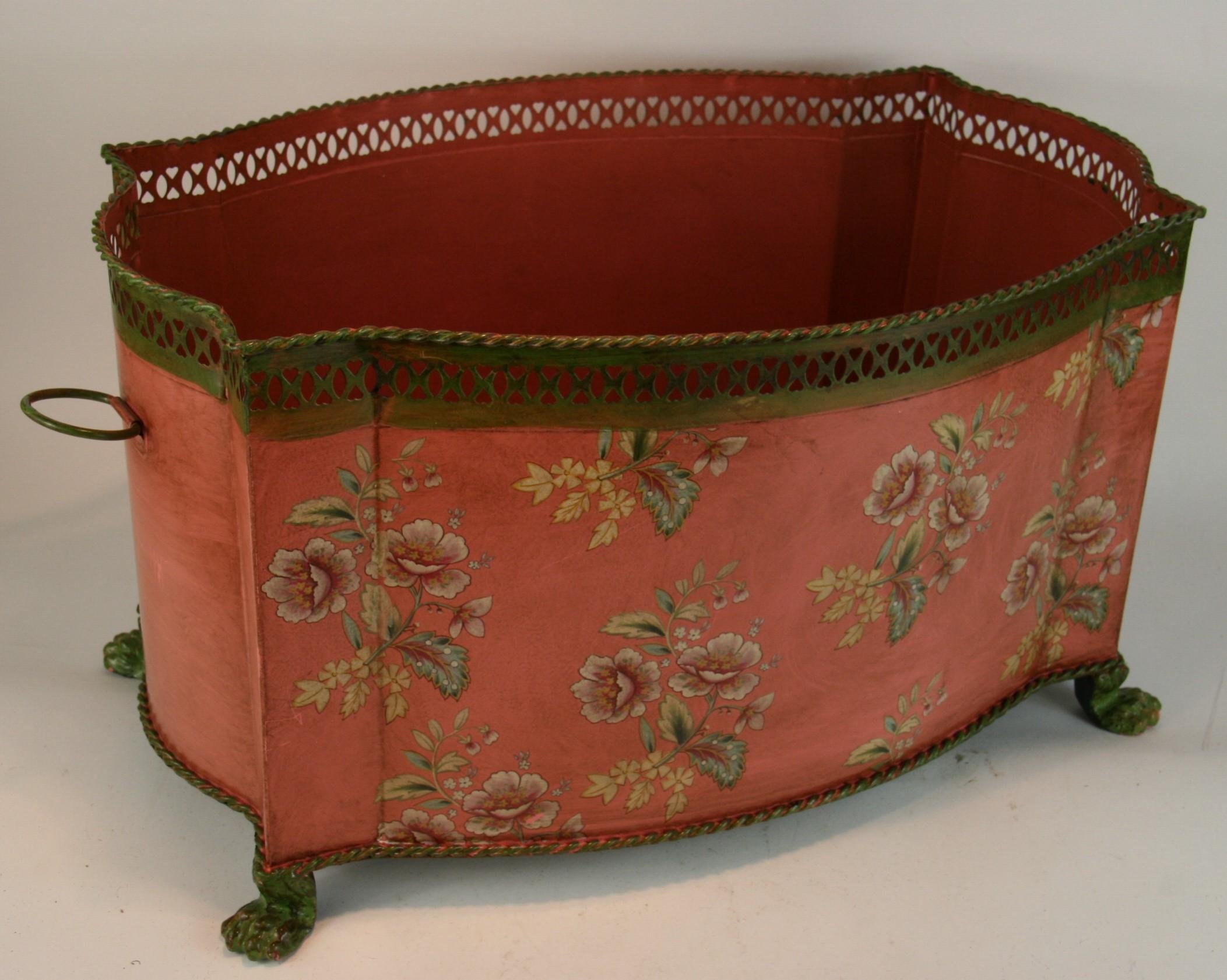 3-460 Tole colorful catchall with lions paw feet and filigree trim
Useful in many areas of the house.